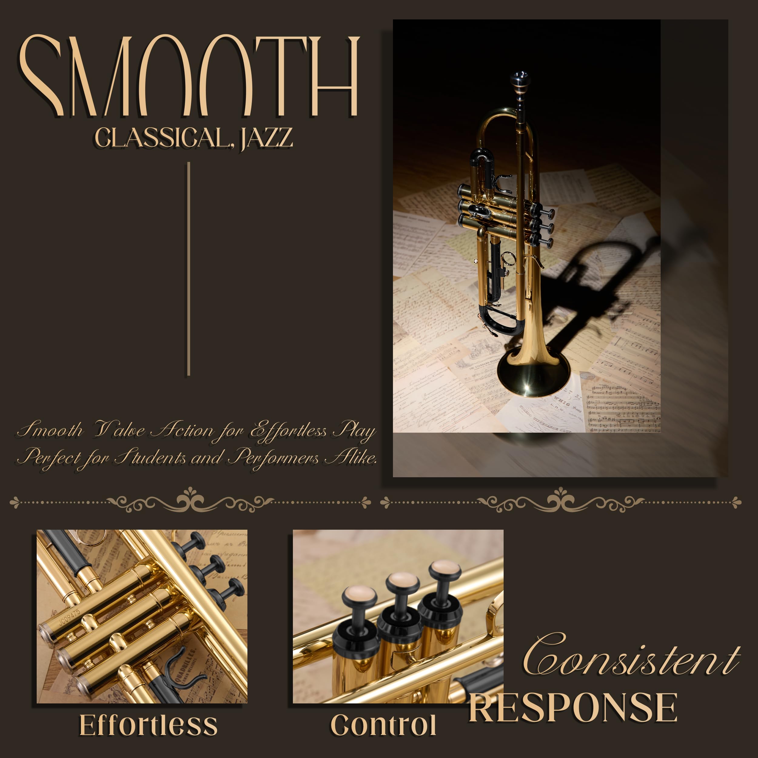 AKLOT Hand-Hammered Bell Bb Trumpet: Smooth Valve Action, Clear-Lacquered Brass Body, Standard Trumpet Beginner Set with Leather Case, Lesson Book, Trumpet Mute, Mouthpiece, Cleaning Kit (SNR-BrzSF)