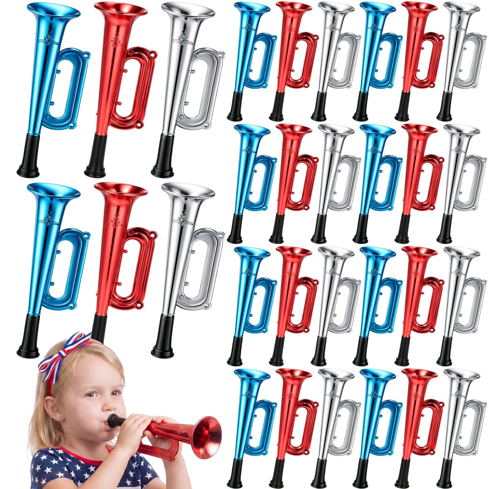 Deekin 36 Pcs 4th of July Plastic Trumpet 6 Inch Patriotic Party Favor Noise Maker Trumpet 250th Anniversary Noise Makers Musical Instruments for 4th of July Soccer Party Favors(Red, Blue, White)