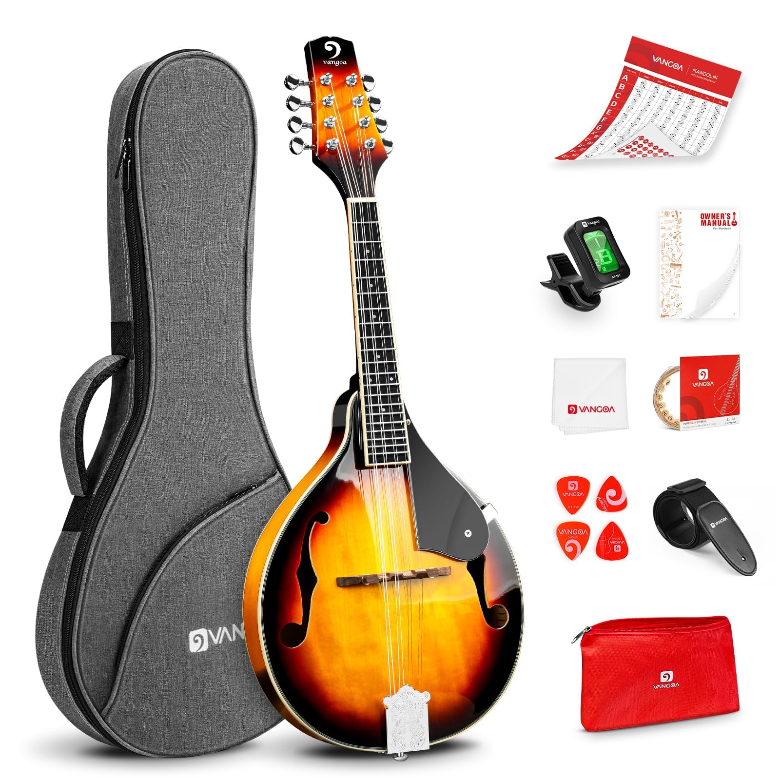 Vangoa Mandolin Musical Instrument A Style Acoustic Electric, 8 Strings Mahogany for Beginner Adults Teens, Red Burst
