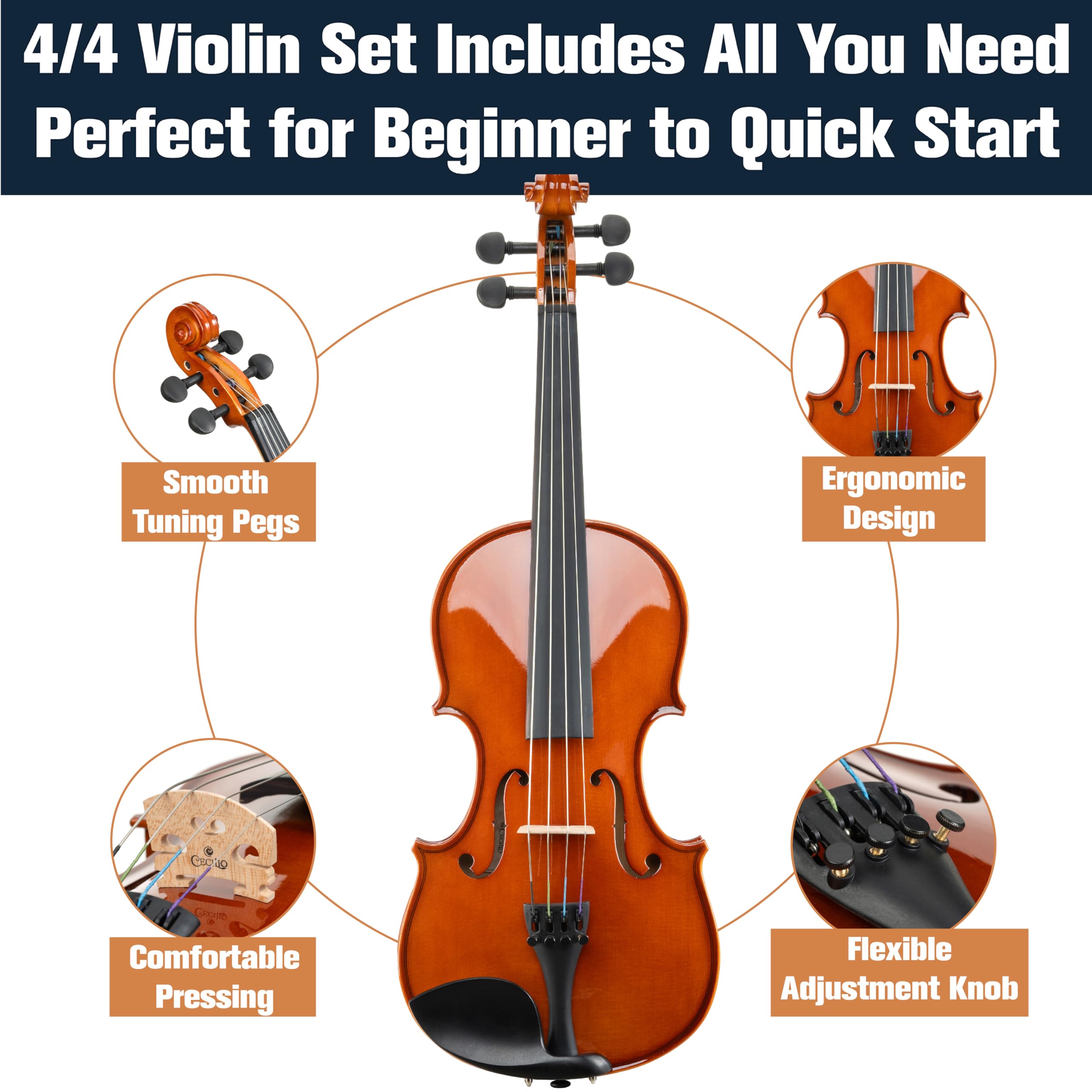 Mendini By Cecilio Violin 4/4 Full Size For Beginners - Fiddle Solidwood Kit with Hard Case - Acoustic Violins with Bow, Rosin, Tuner, Extra Strings & Bridge, Shoulder Rest and Lesson Book (Varnish)