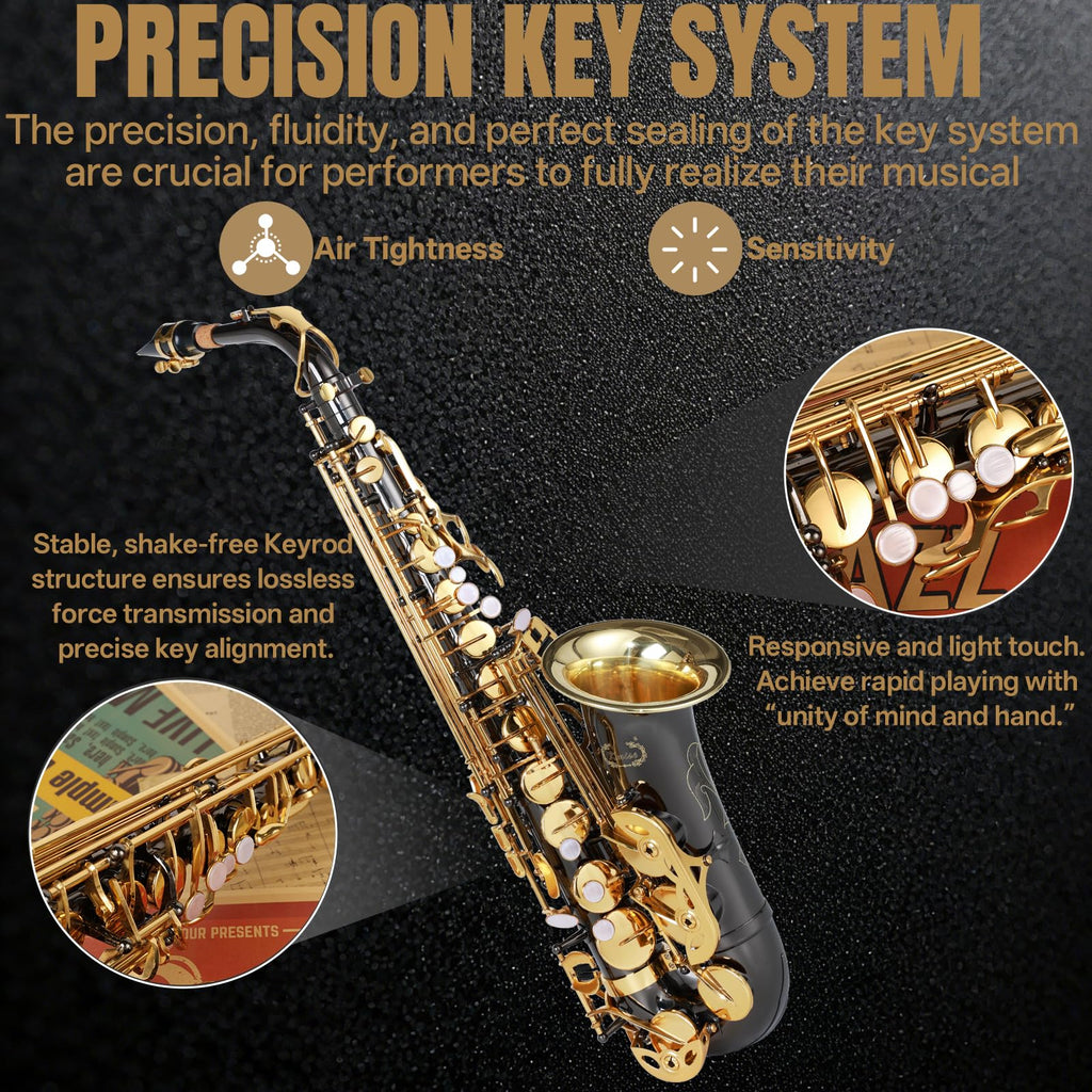 Kmise E Flat Alto Saxophone, Lightweight Saxophones for Students Beginner, Saxofon Full Kit with Portable Case, Sax Stand, Strap, Reeds, Beginner's Guides, Mute, Cleaning Kit (Gold Lacquer)
