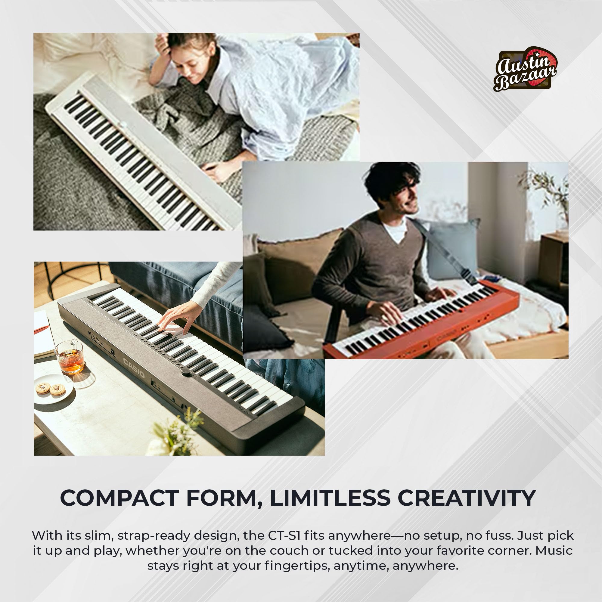 Casio CT-S1 Casiotone 61-Key Portable Keyboard - Black Bundle with Adjustable Stand, Bench, Headphones, Sustain Pedal, Instructional Book, Instructional DVD, and Austin Bazaar Polishing Cloth