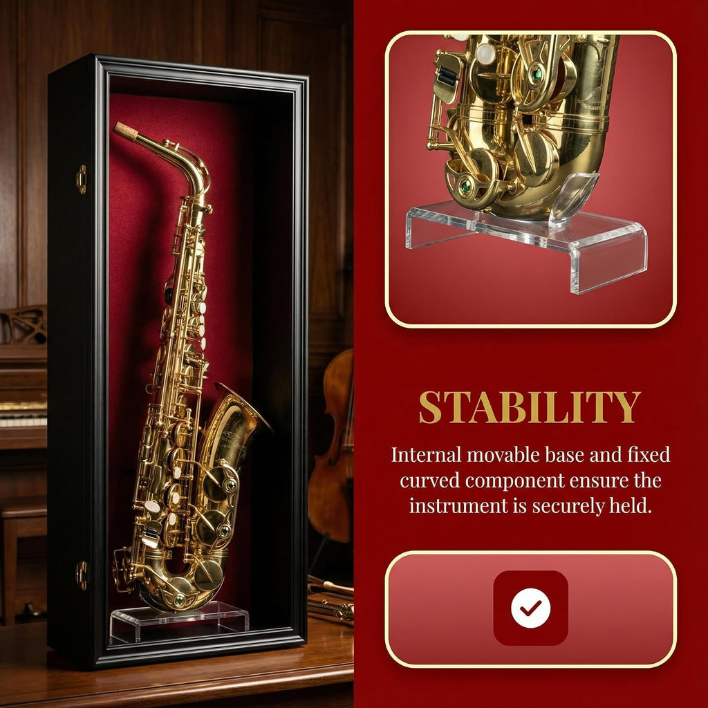 DisplayGifts Saxophone Display Case Saprano Alto Saxophone Stand Holder Wall Mount Shadow Box - 98% UV Protected & Lockable Black Frame