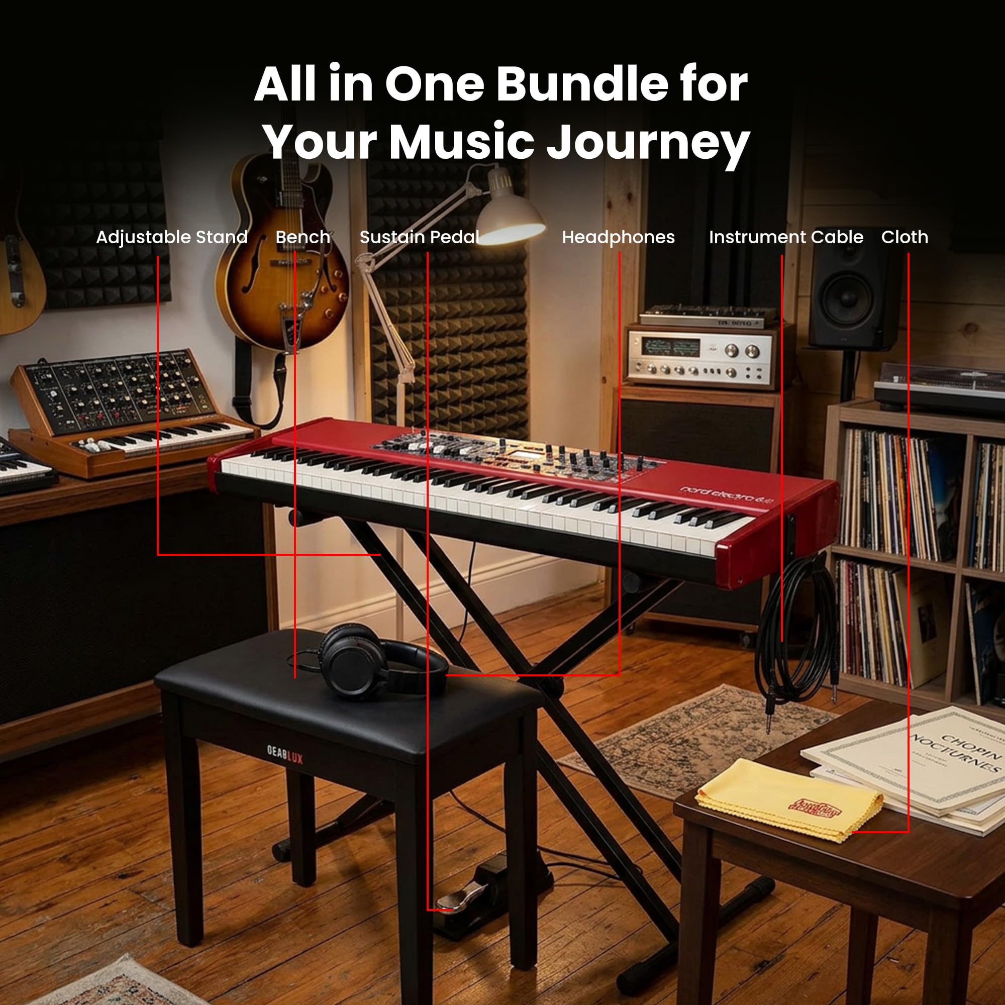 Nord Stage 4 88-Key Digital Piano Bundle with Adjustable Stand, Bench, Sustain Pedal, Headphones, Instrument Cable, and Austin Bazaar Polishing Cloth