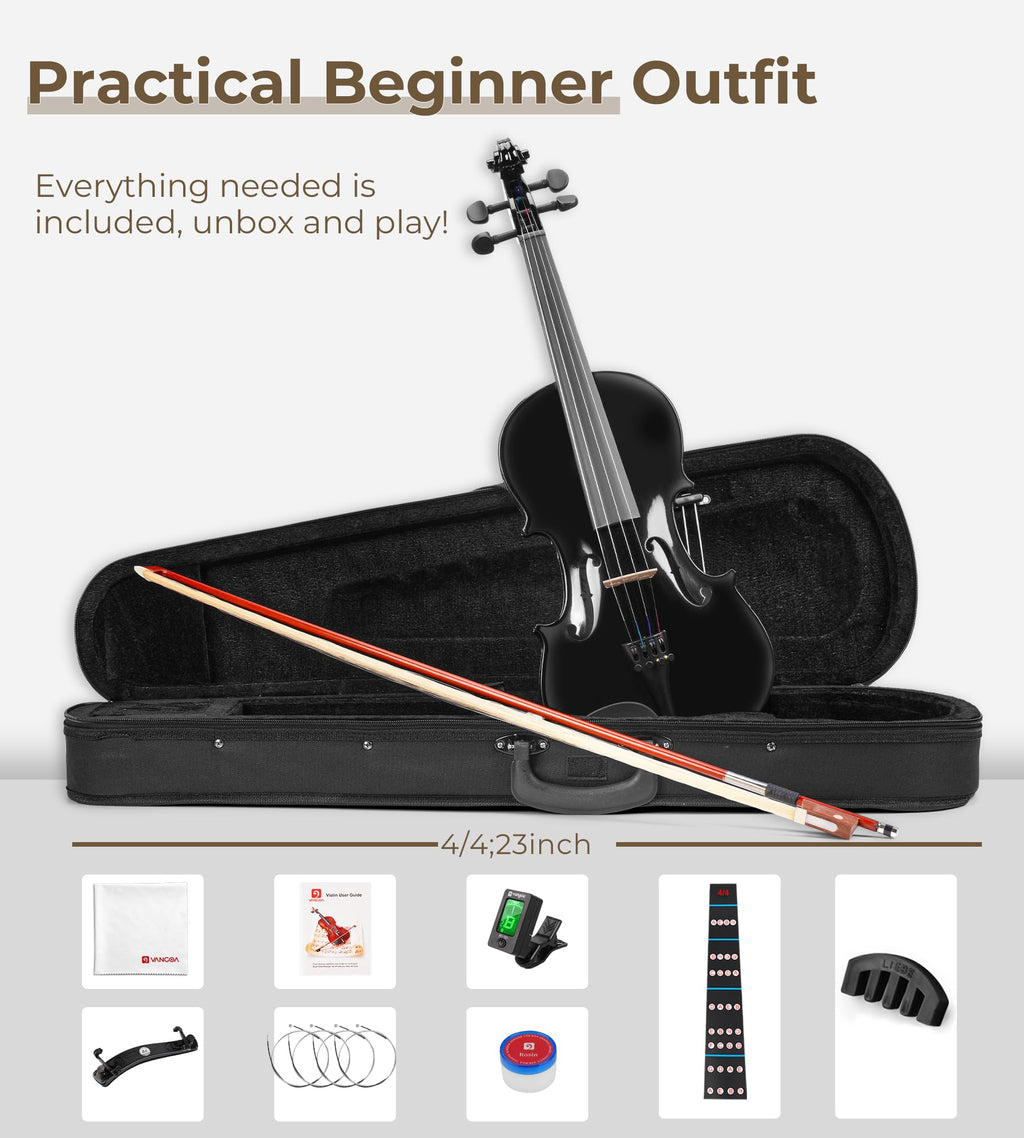 Vangoa 4/4 Full Size Beginner Violin Set, Acoustic Violin for Adults, Teens and Children over 11, Violin Beginner Set (with Hard Case, Rosin, Shoulder Rest, Bow, Spare Strings, Mutes and Black Set)