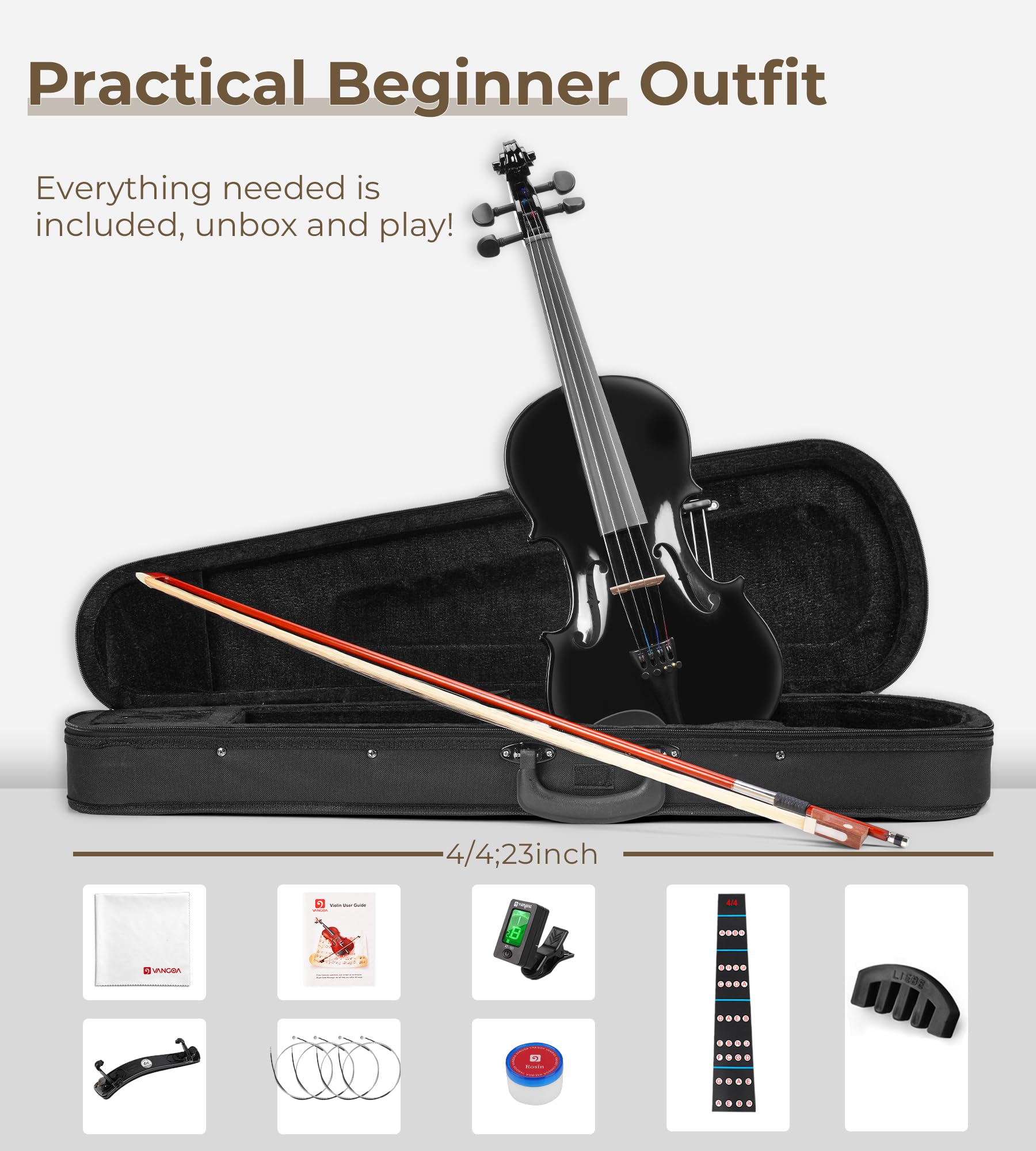 Vangoa 4/4 Full Size Beginner Violin Set, Acoustic Violin for Adults, Teens and Children over 11, Violin Beginner Set (with Hard Case, Rosin, Shoulder Rest, Bow, Spare Strings, Mutes and Black Set)