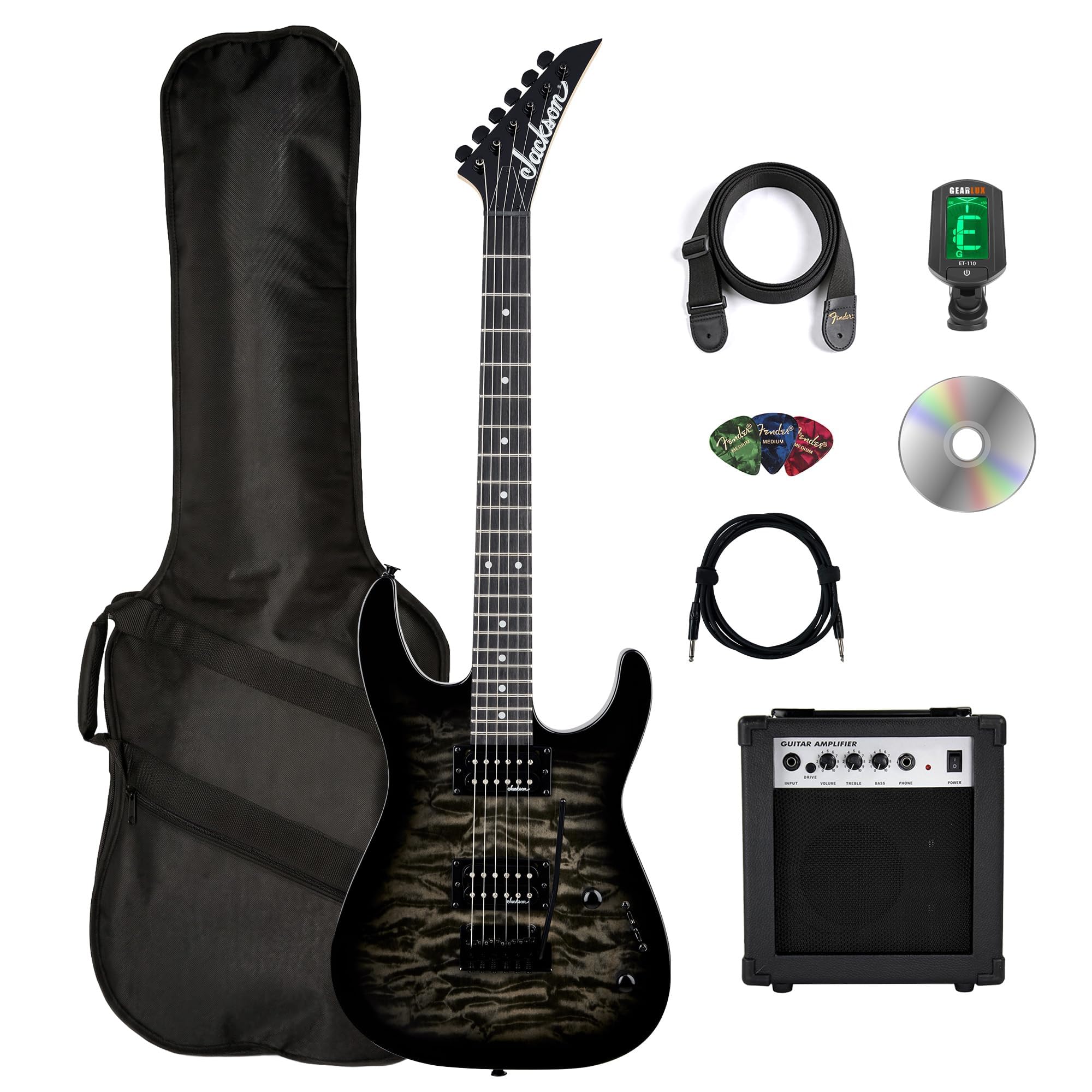 Jackson JS Series Dinky JS11 Electric Guitar - Metallic Red Bundle with Cable, Tuner, Strap, Picks, and Austin Bazaar Instructional DVD