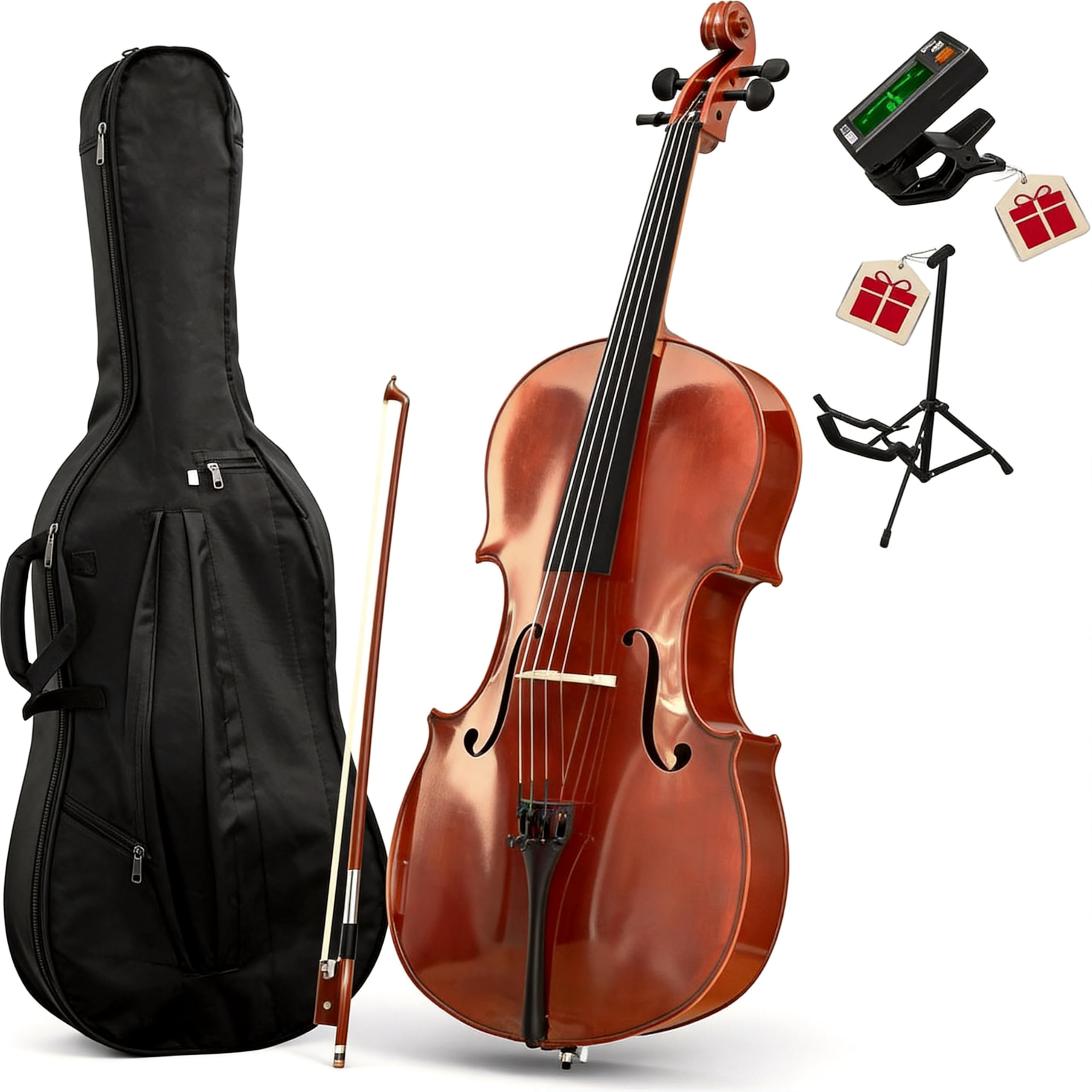 PYY Cello 4/4 Full Size - Solid Wood Acoustic Cello Package with Stand, Case, Bow, Rosin, Tuner & Extra Strings, Perfect for Students & Adult Beginners（Red）