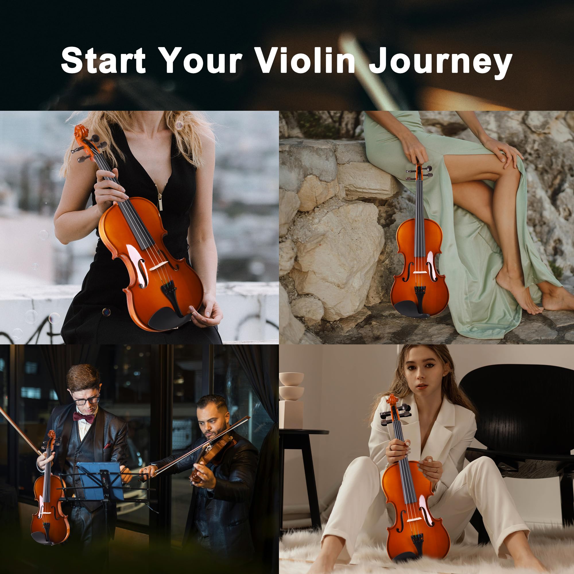 ADM Acoustic Violin for Beginner 4/4 Full Size Violin Set Solid Wood Ebony for Adult Teen Student Starter Kit with Hard Case, Shoulder Rest, Bow, Music Stand, Strings, Free Lessons (Sepia, 4/4 Size)