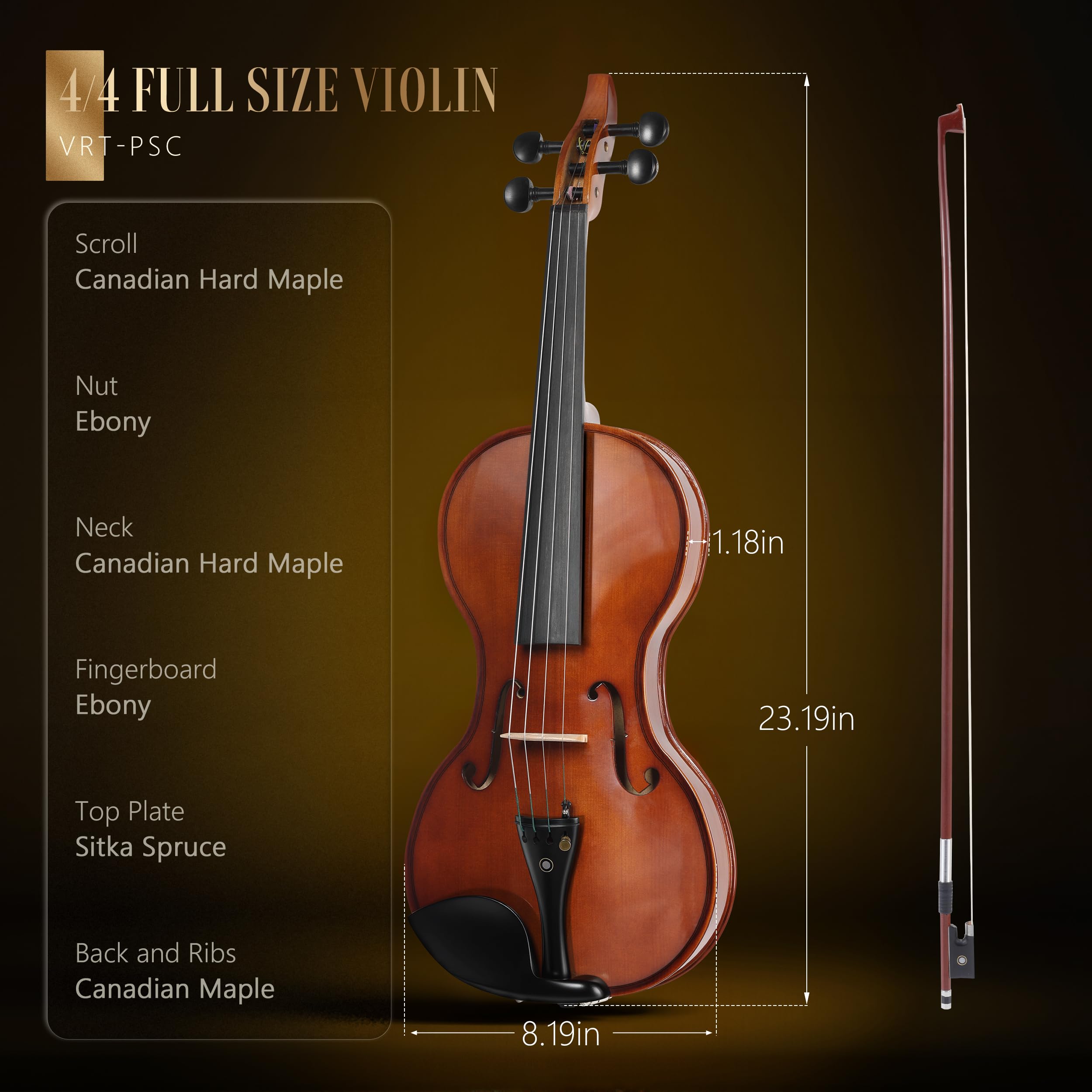 AKLOT Handcrafted Full Size Violin: Solid Wood Matte Fiddle, Acoustic Beginner 4/4 Violin Kit with Hard Case, Lesson Book, Bow, Shoulder Rest, Extra Strings, Tuner, Fretboard Stickers (VRT-AmiCS)