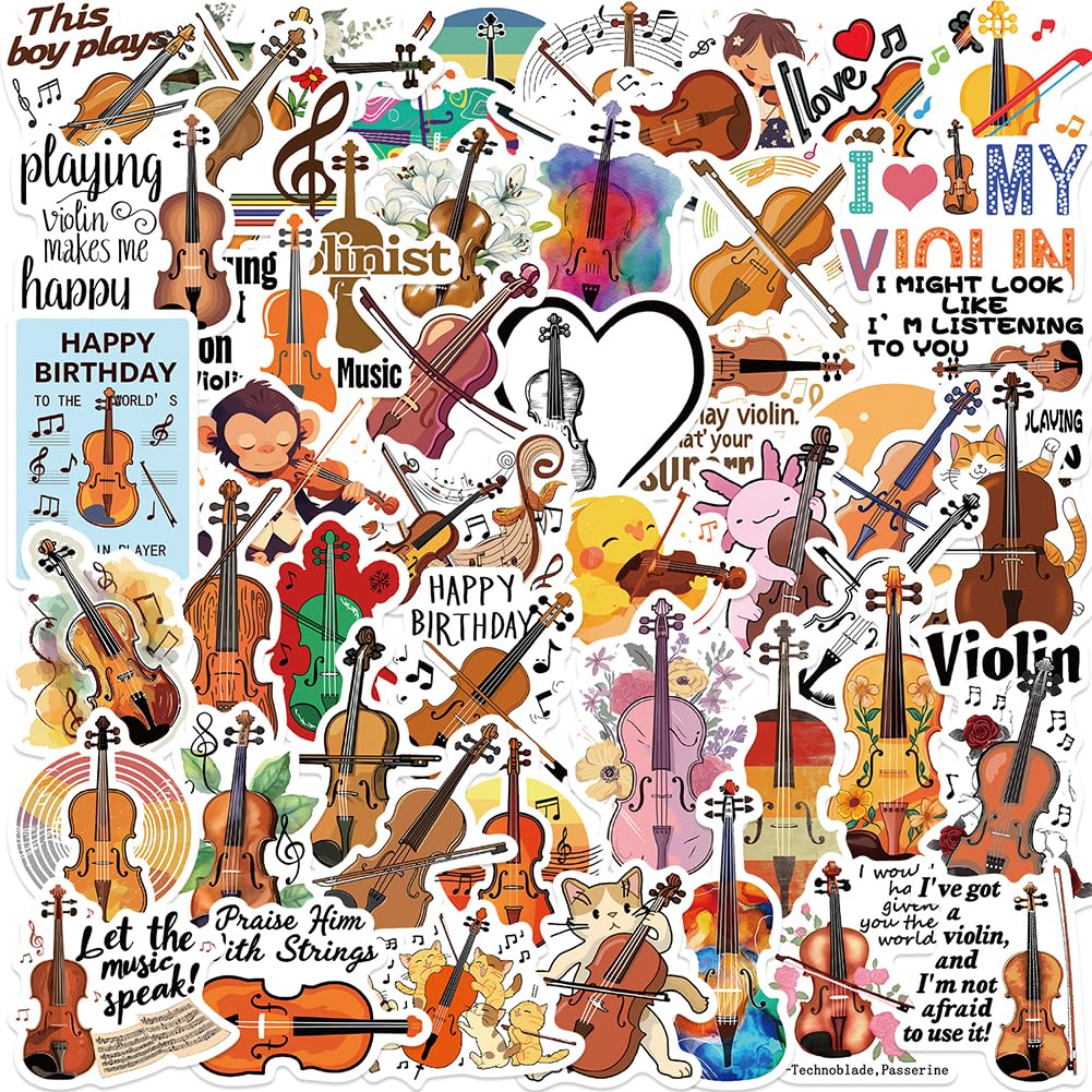50Pcs Violin Stickers Musical Instrument Waterproof Vinyl Decals | Peel and Stick waterproof sun-proof removable Reusable for Water Bottles Laptop Mobile Phone Skateboard Guitar Decoration