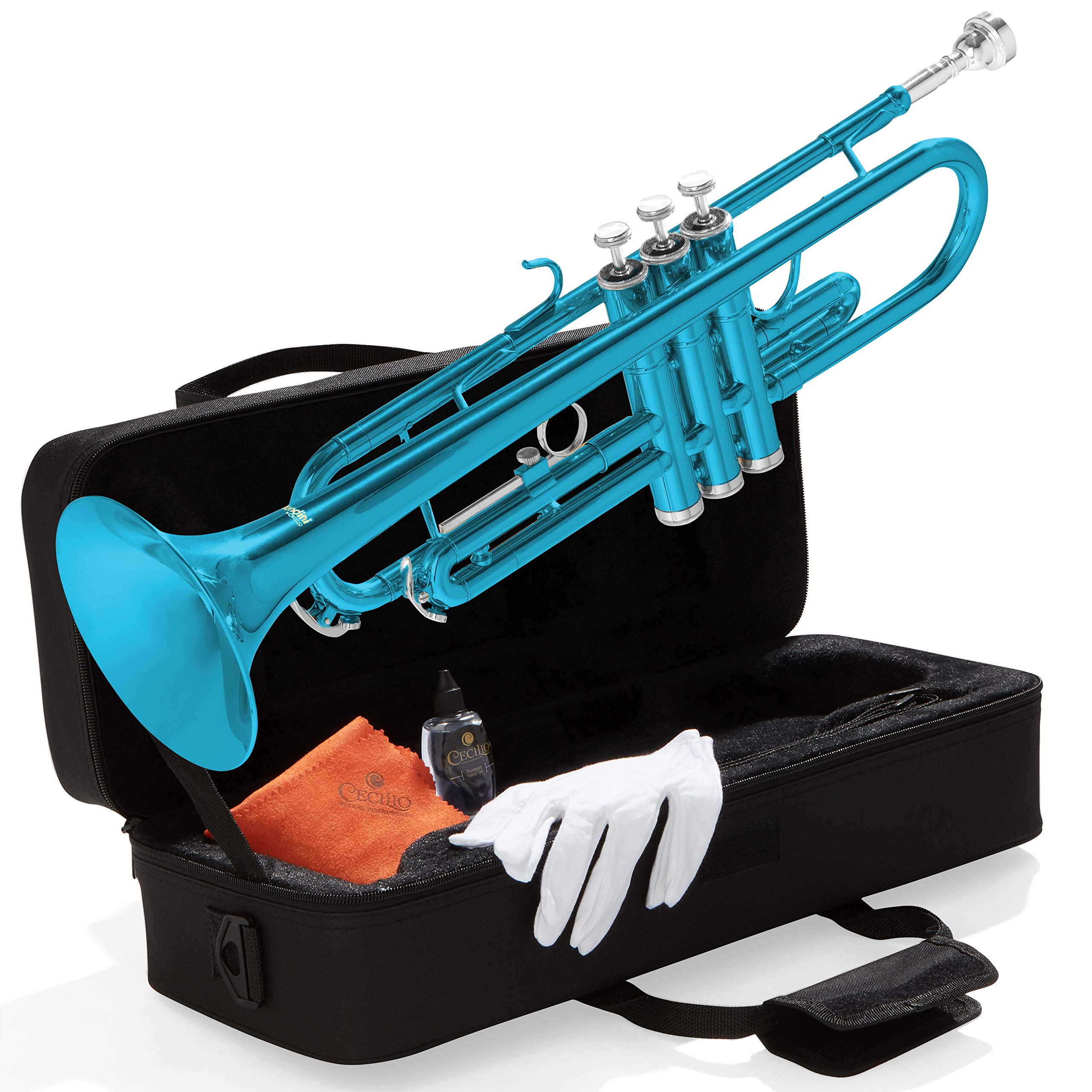 Mendini By Cecilio Bb Standard Trumpet Set for Beginners - Brass Trumpet Instrument with Hard Case, 7C Mouthpiece, Valve Oil, Cleaning Cloth, Maintenance kit and Gloves (Gold)