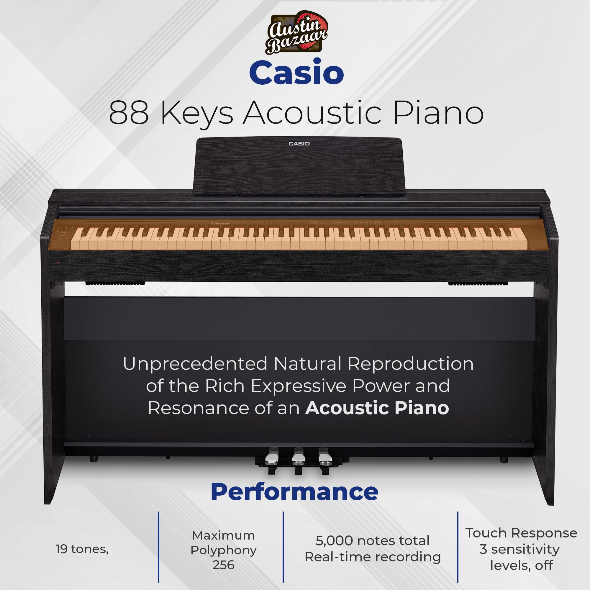 Casio PX-870 Privia Digital Piano - Black Bundle with Furniture Bench, Headphones, Instructional Book, Online Lessons, Instructional DVD, and Austin Bazaar Polishing Cloth