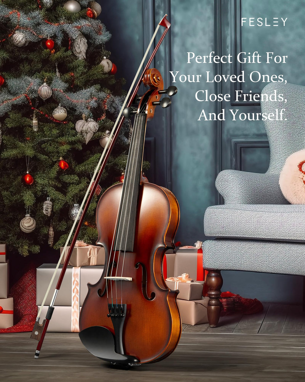 Fesley 4/4 Beginner Violin Kit for Adults & Teens, Full Size Acoustic Violin Set with Hard Case, Bow, Shoulder Rest, Digital Tuner & Extra Strings, Handmade Solid Wood Student Violin