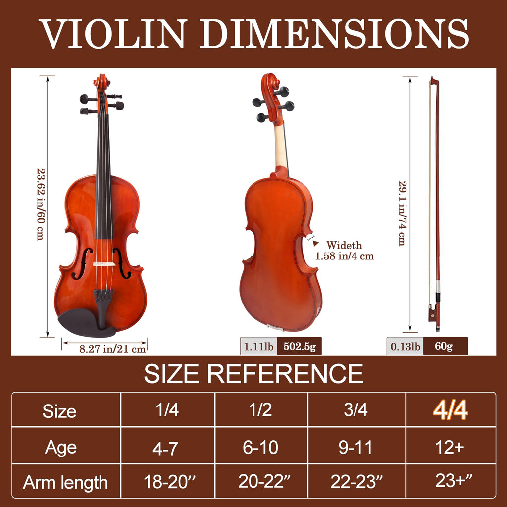 Violin 4/4 Full Size Kit for Beginners, Glossy Violin Fiddle Set for Adults, Students with Violin Case, Bow, Rosin, Fingerboard Sticker, Shoulder Rest, Extra Strings and Bridge(Plywood, Full)
