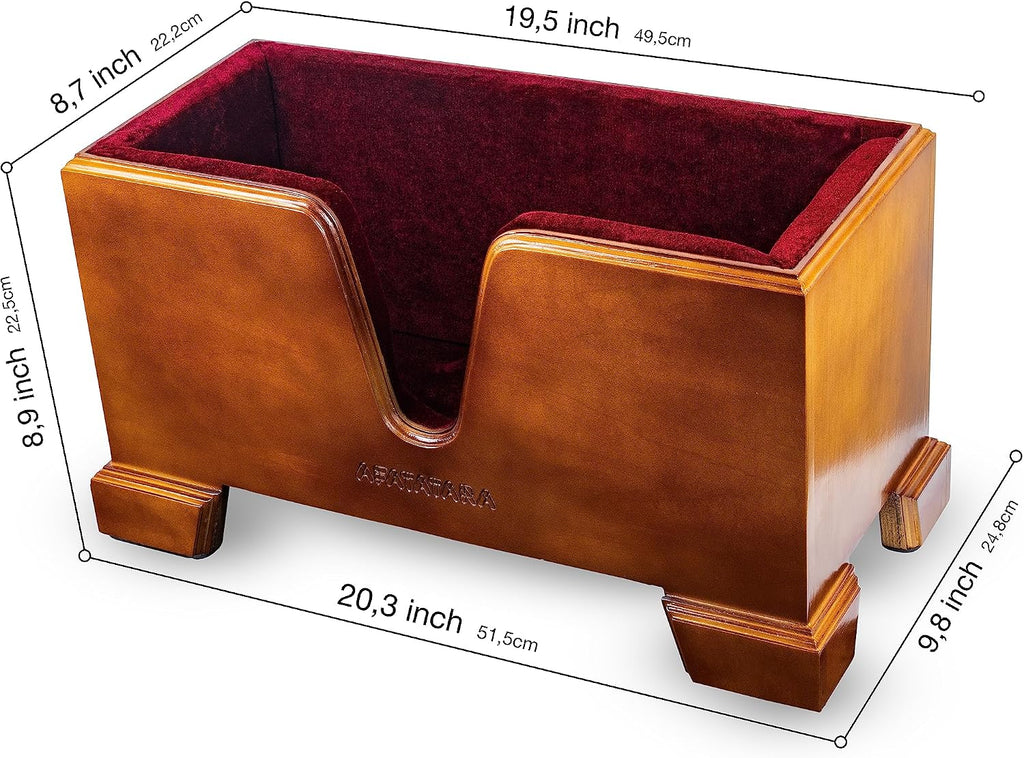 Cello Box Stand – Luxury Burgundy Plush Liner – Wooden Mahogany-tone Upright Instrument Holder – Wood Display Case - Integrated Bow Holder - with Cello Endpin Stopper - AFATATARA
