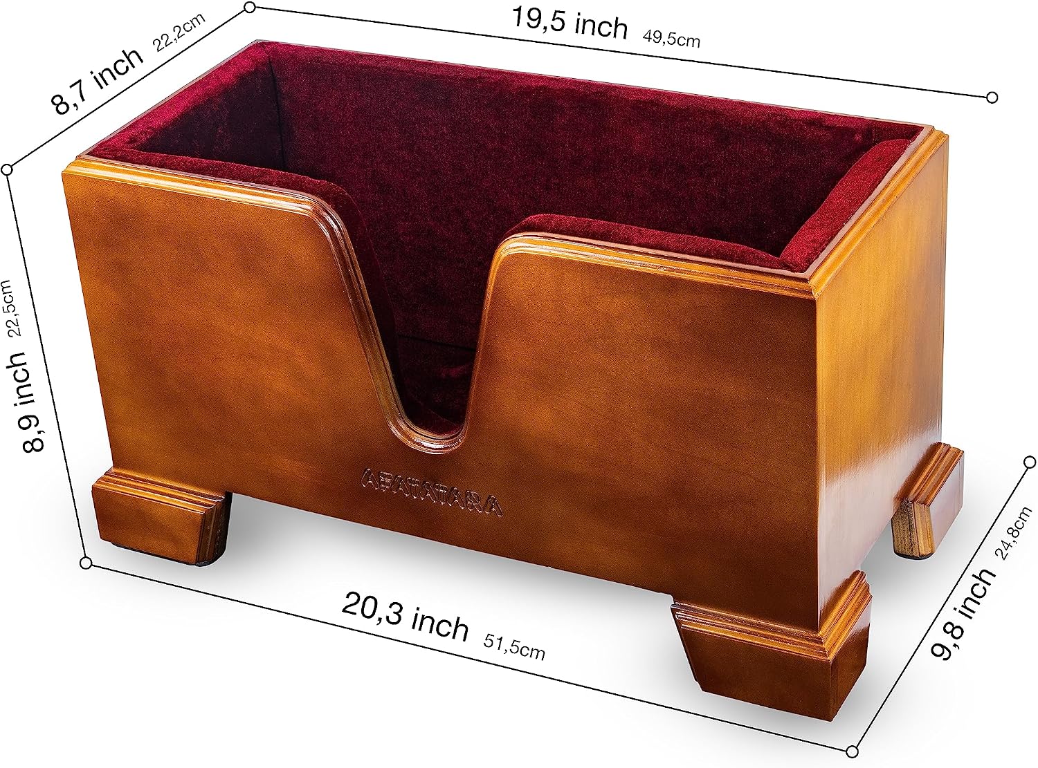 Cello Box Stand – Luxury Burgundy Plush Liner – Wooden Mahogany-tone Upright Instrument Holder – Wood Display Case - Integrated Bow Holder - with Cello Endpin Stopper - AFATATARA