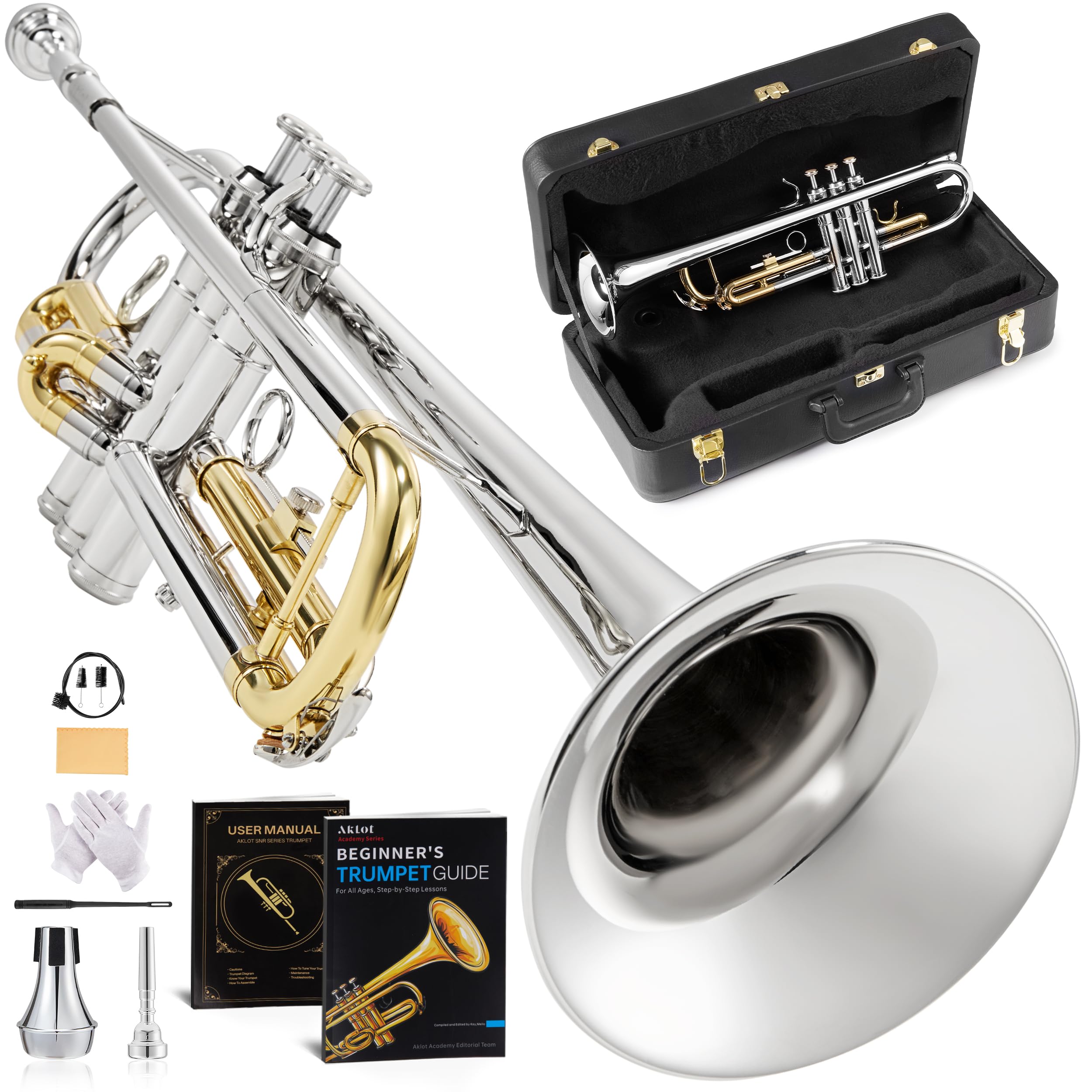 AKLOT Hand-Hammered Bell Bb Trumpet: Smooth Valve Action, Clear-Lacquered Brass Body, Standard Trumpet Beginner Set with Leather Case, Lesson Book, Trumpet Mute, Mouthpiece, Cleaning Kit (SNR-BrzSF)