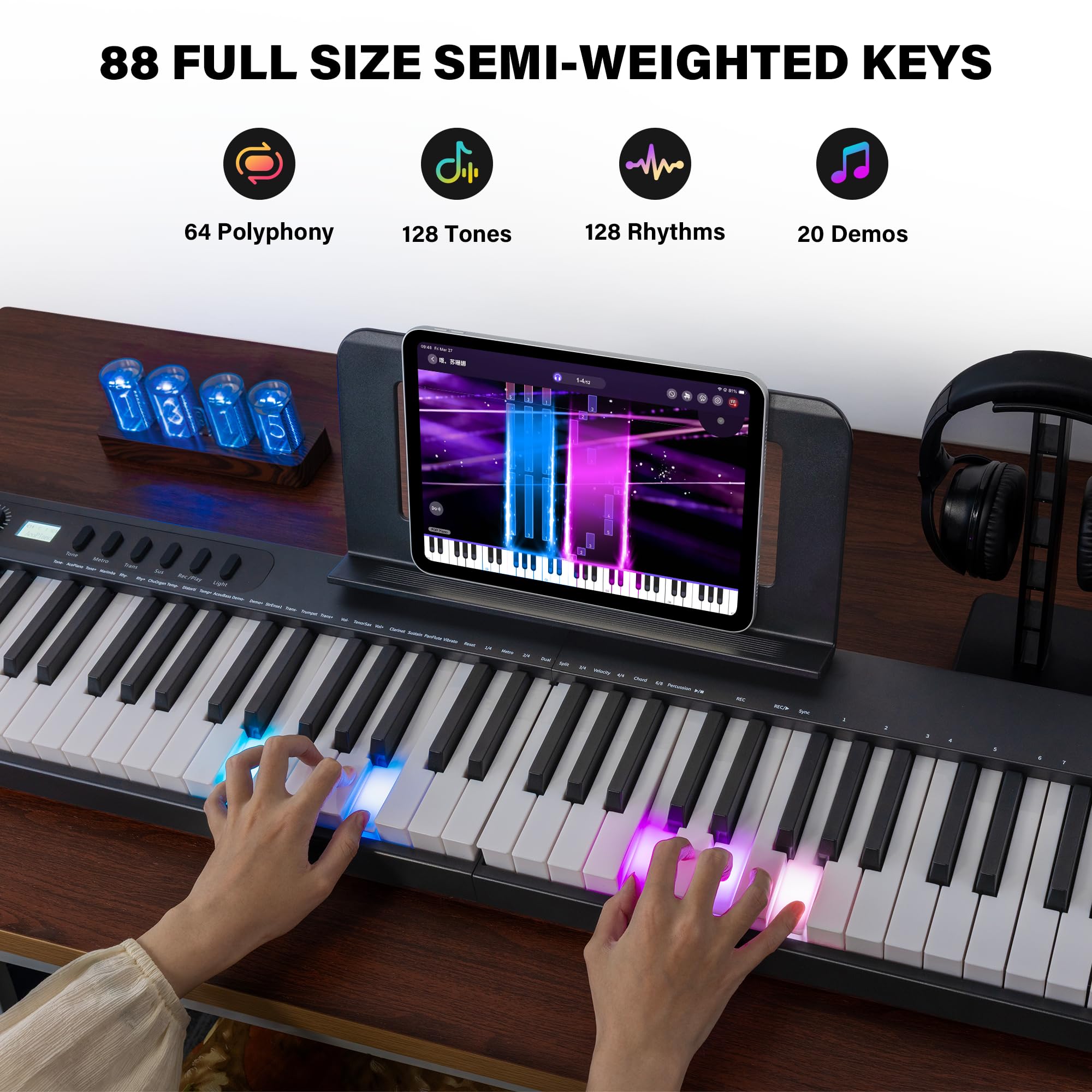 Foldable 88-Key Piano Keyboard with Colorful Lighted Keys, Semi-Weighted Full Size Keys, Portable Digital Piano with USB-MIDI, Built-in Speakers, Sustain Pedal, Battery for Beginners & Adults