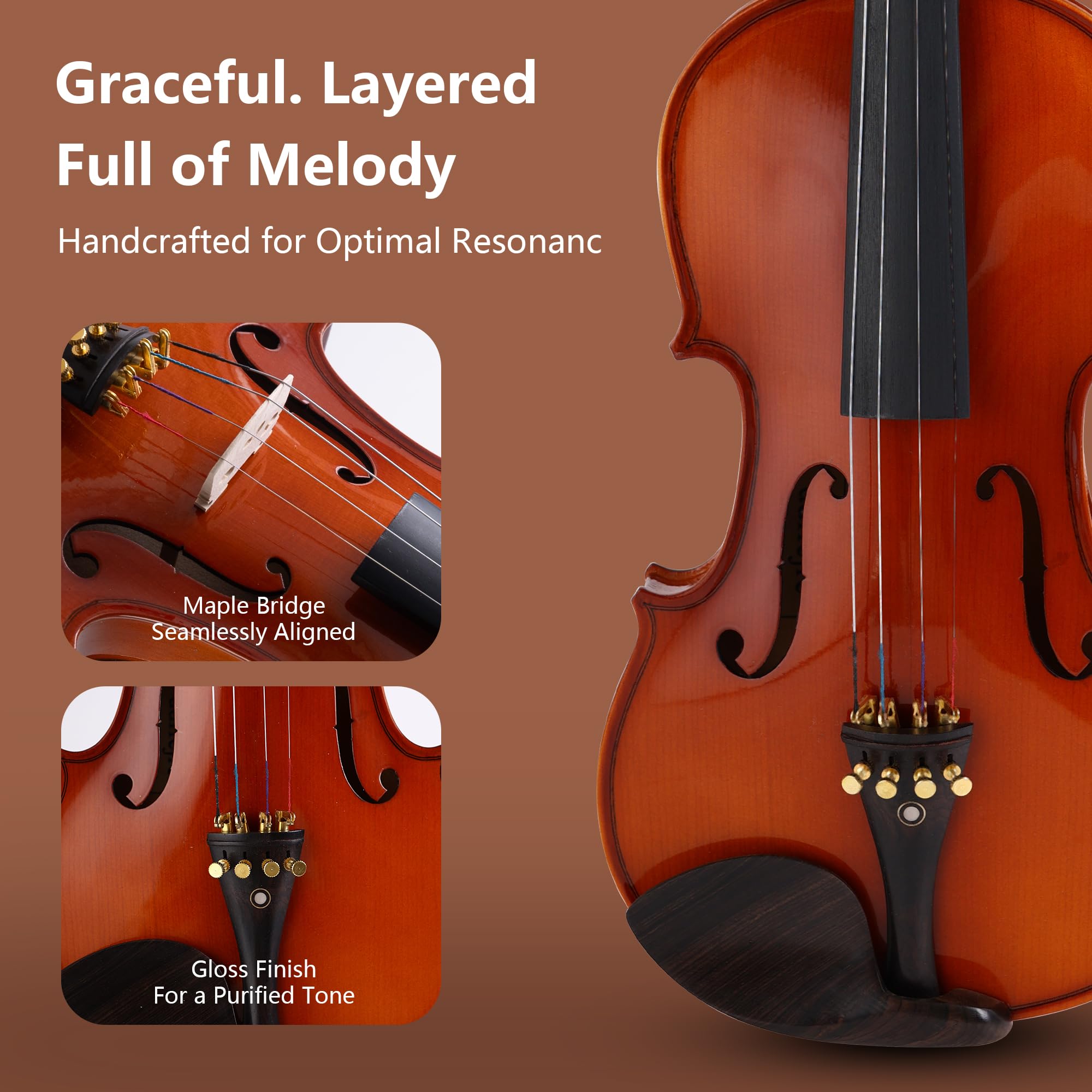 Violin 4/4 Full Size,Beginner Violin For Kids,Students,Adults,Fiddle Set with Hard Case,Bow,Rosin,Shoulder Rest,Tuner,Extra Strings,Bridge,Fingerboard Stickers