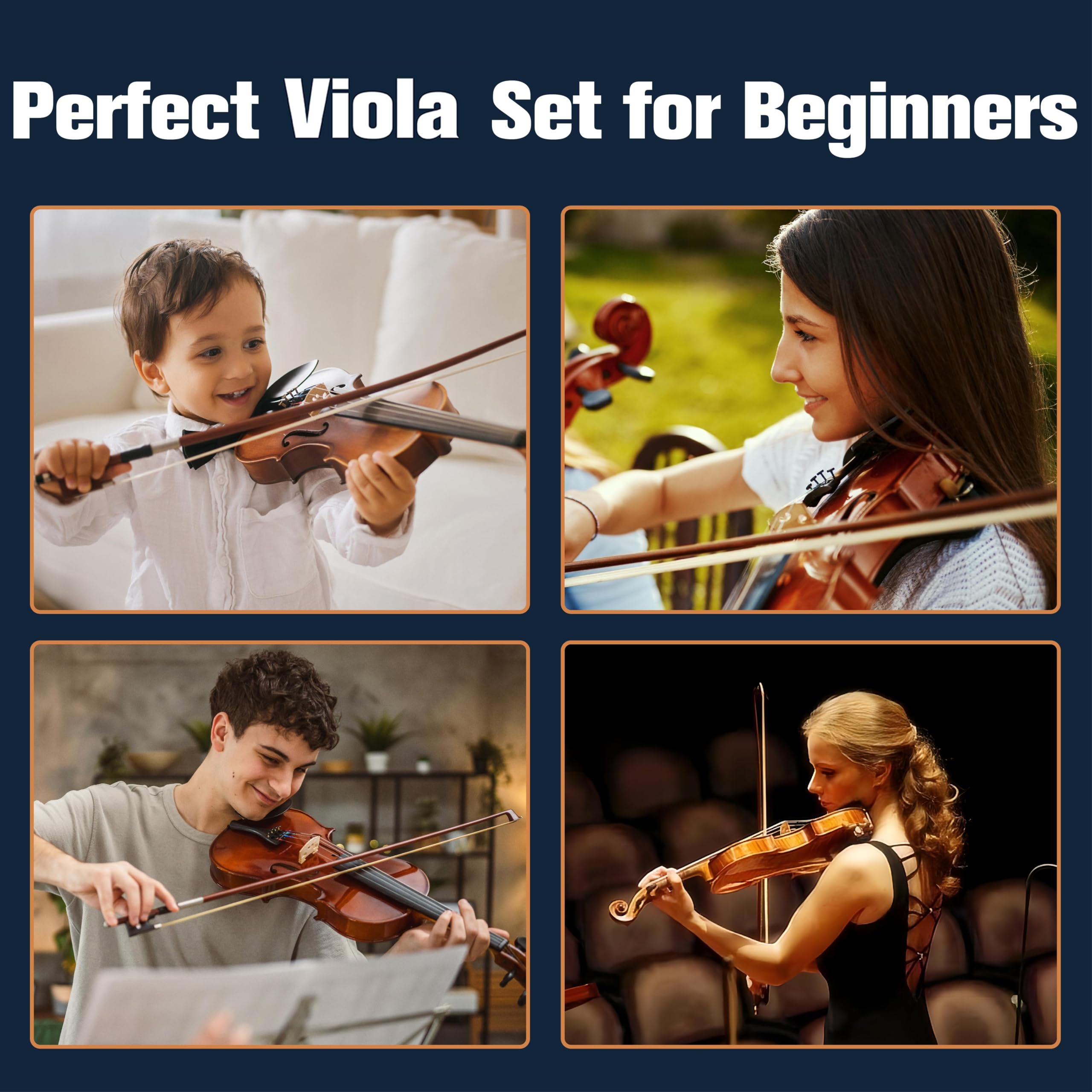 Mendini by Cecilio 14 Inch Solid Wood Viola Set for Beginners - Hand Carved Acoustic Viola Kit with Hard Case, Bow, Rosin, Bridge and Extra Strings