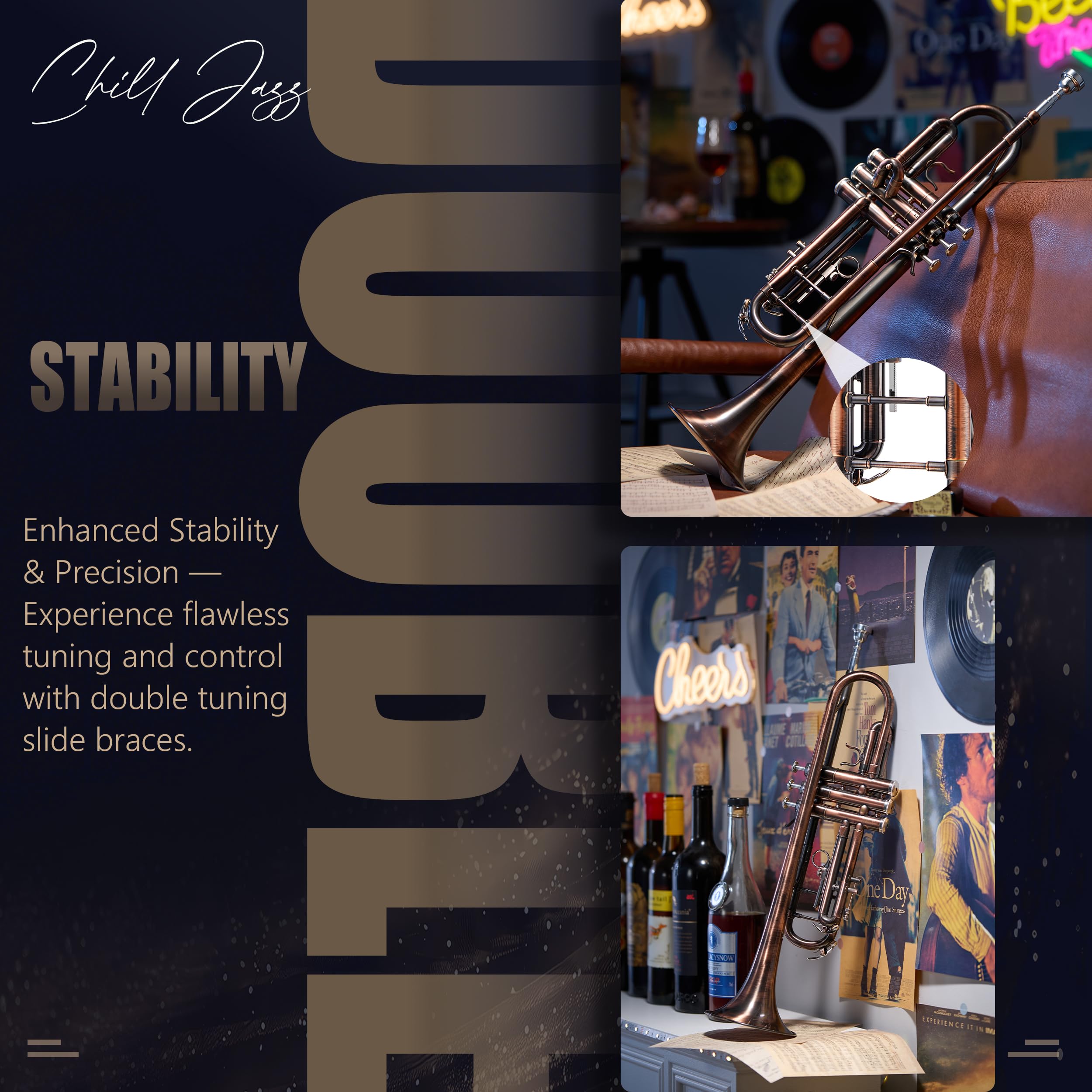 AKLOT Hand-Hammered Bell Bb Trumpet: Smooth Valve Action, Clear-Lacquered Brass Body, Standard Trumpet Beginner Set with Leather Case, Lesson Book, Trumpet Mute, Mouthpiece, Cleaning Kit (SNR-BrzSF)