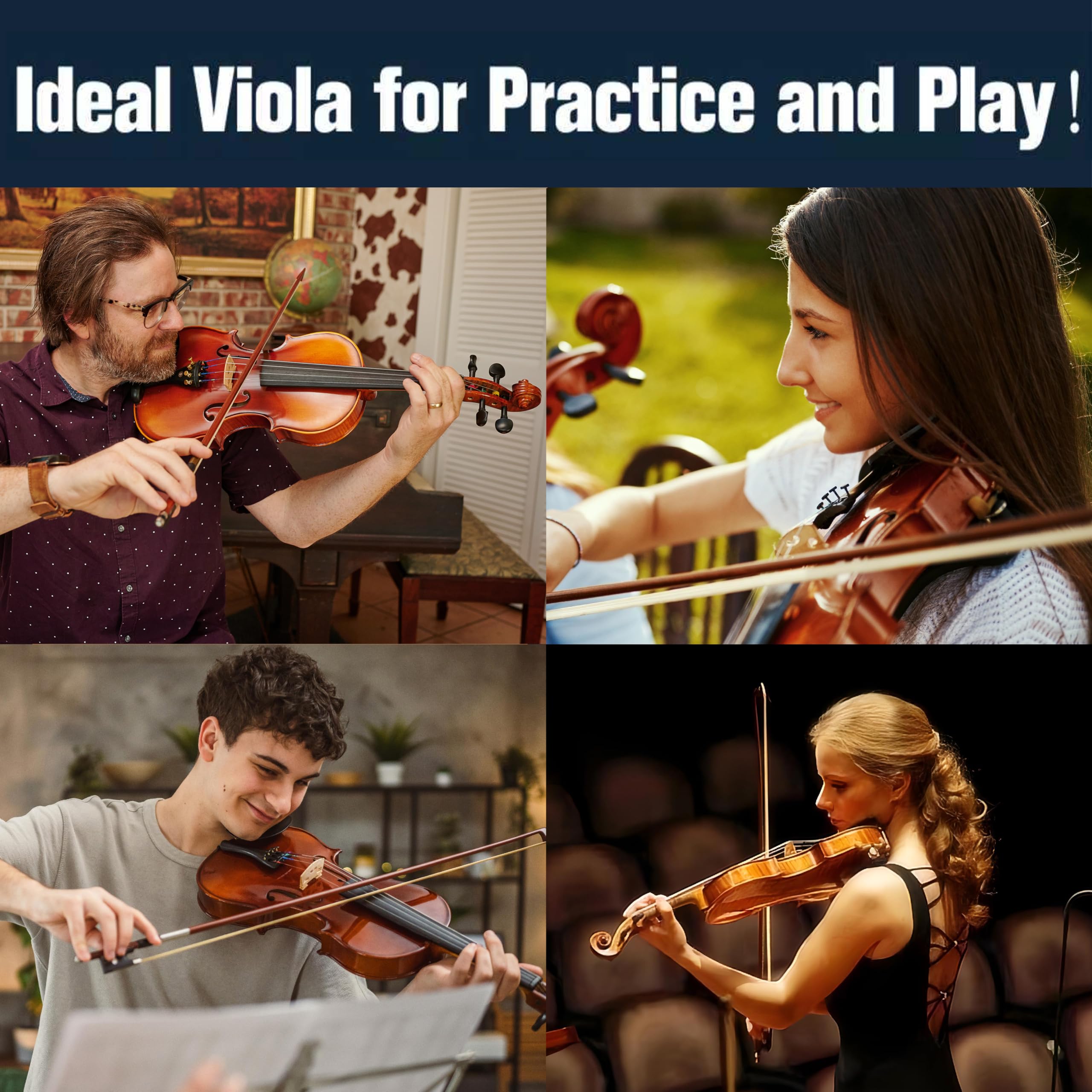 Mendini by Cecilio 14 Inch Solid Wood Viola Set for Beginners - Hand Carved Acoustic Viola Kit with Hard Case, Bow, Rosin, Bridge and Extra Strings