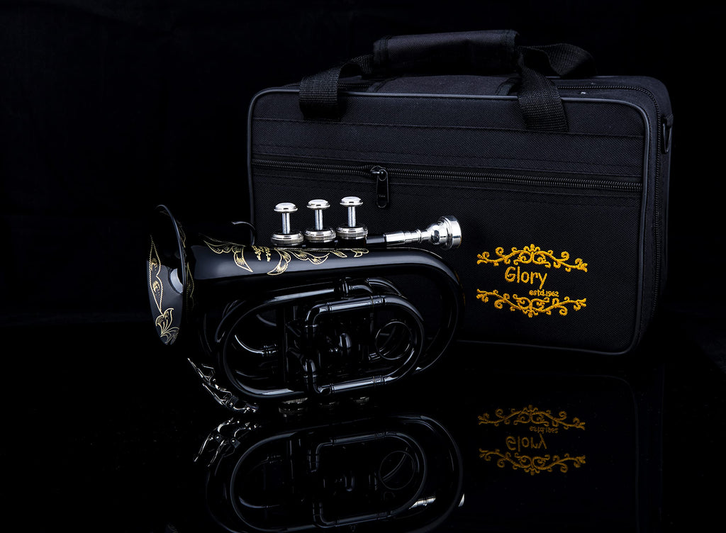 Glory Bb Pocket Trumpet with Case,Cleaning Cloth, Gloves, Black