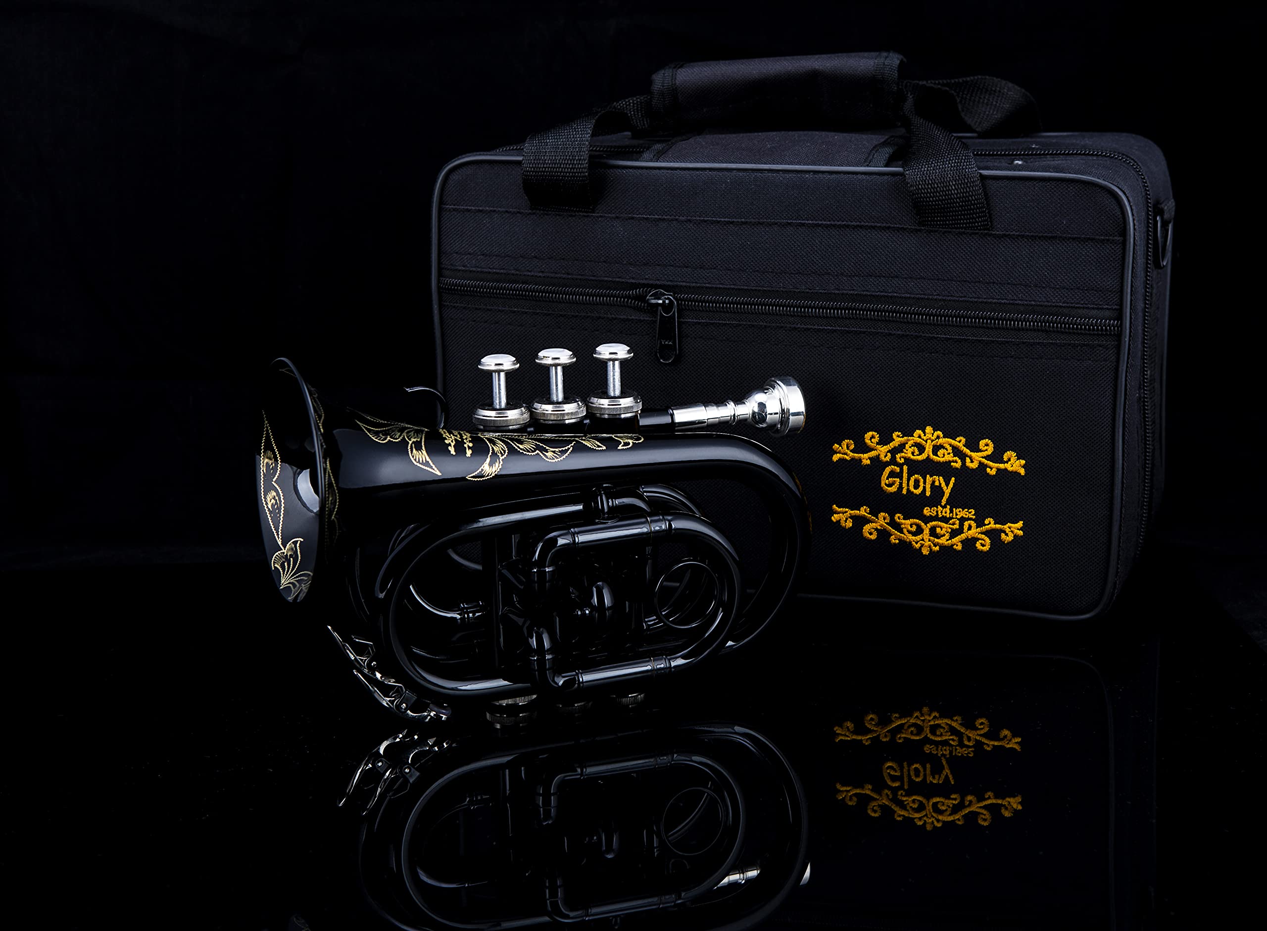 Glory Bb Pocket Trumpet with Case,Cleaning Cloth, Gloves, Black