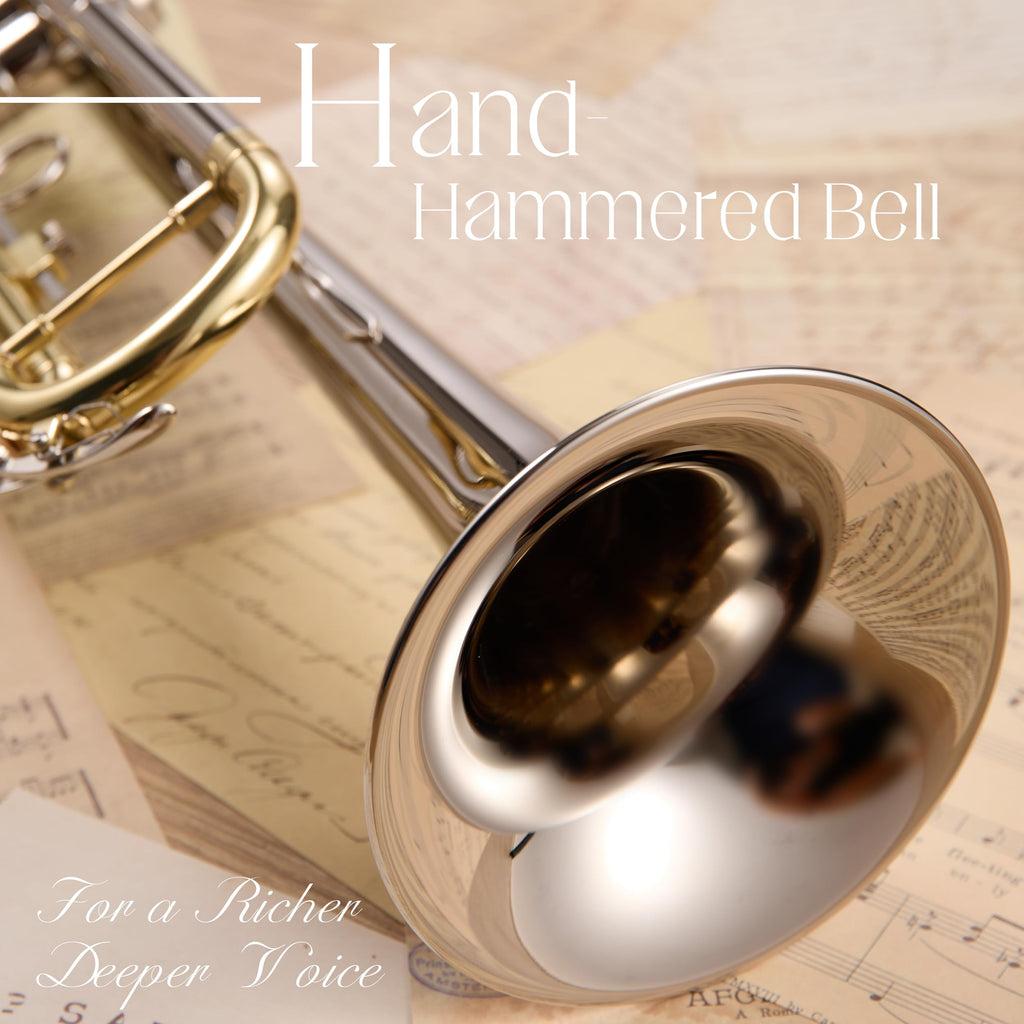 AKLOT Hand-Hammered Bell Bb Trumpet: Smooth Valve Action, Clear-Lacquered Brass Body, Standard Trumpet Beginner Set with Leather Case, Lesson Book, Trumpet Mute, Mouthpiece, Cleaning Kit (SNR-BrzSF)