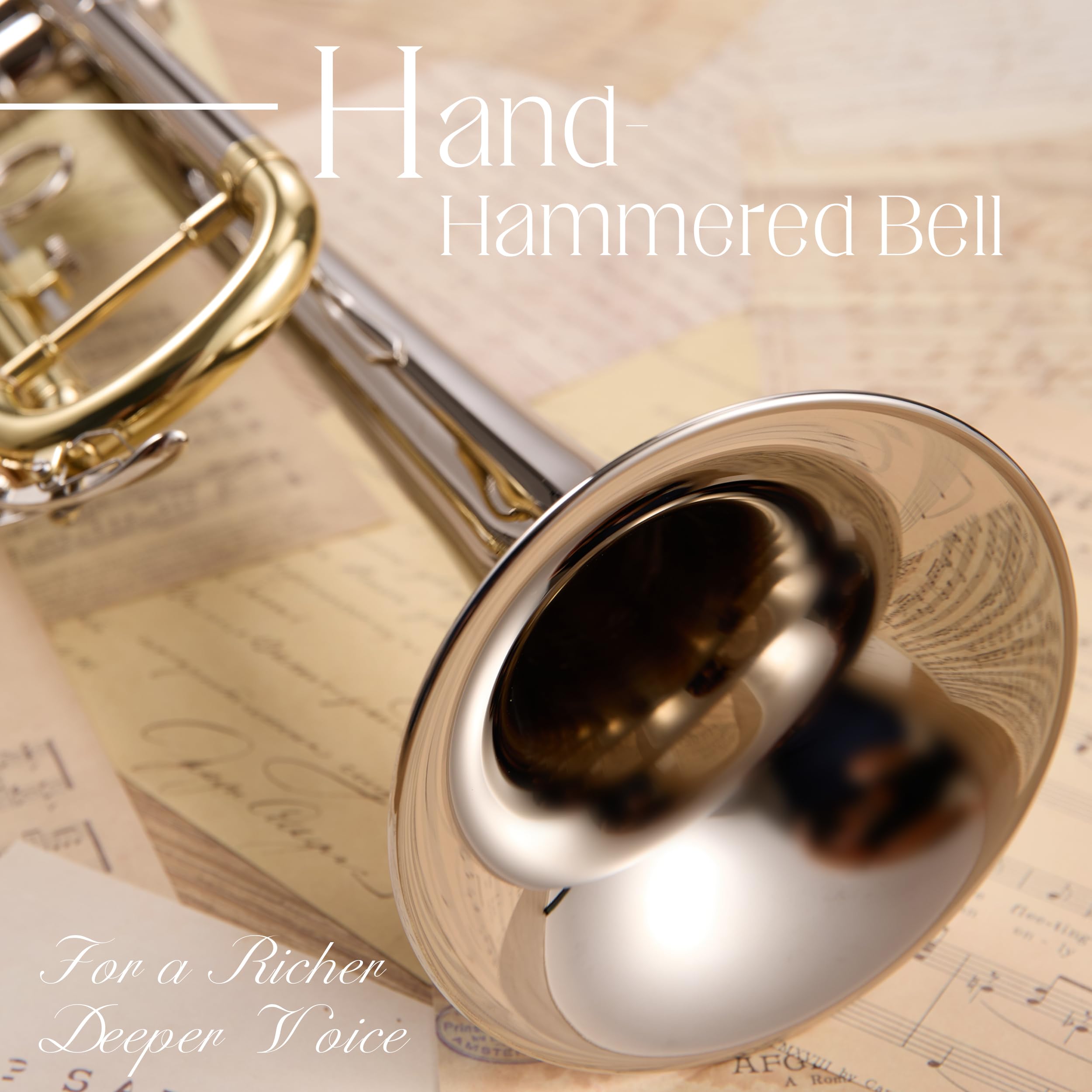 AKLOT Hand-Hammered Bell Bb Trumpet: Smooth Valve Action, Clear-Lacquered Brass Body, Standard Trumpet Beginner Set with Leather Case, Lesson Book, Trumpet Mute, Mouthpiece, Cleaning Kit (SNR-BrzSF)