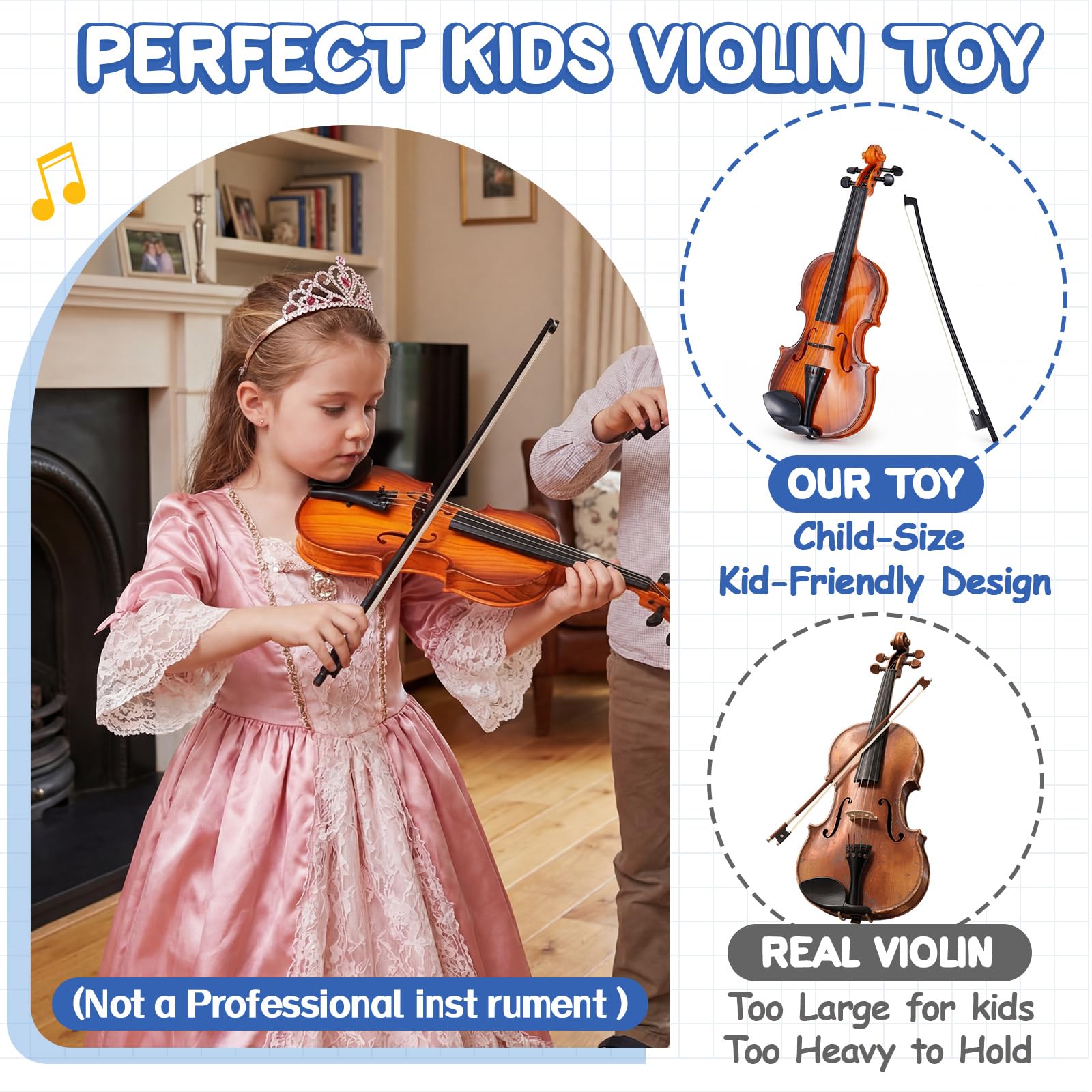 Lewtemi Kids Violin Toy, Fake Electronic Plastic Mini Violin with Melodies, Non-Professional Musical Instrument for Preschool Education, Early Learning Toy for Children Birthday Gift(Reddish Brown)