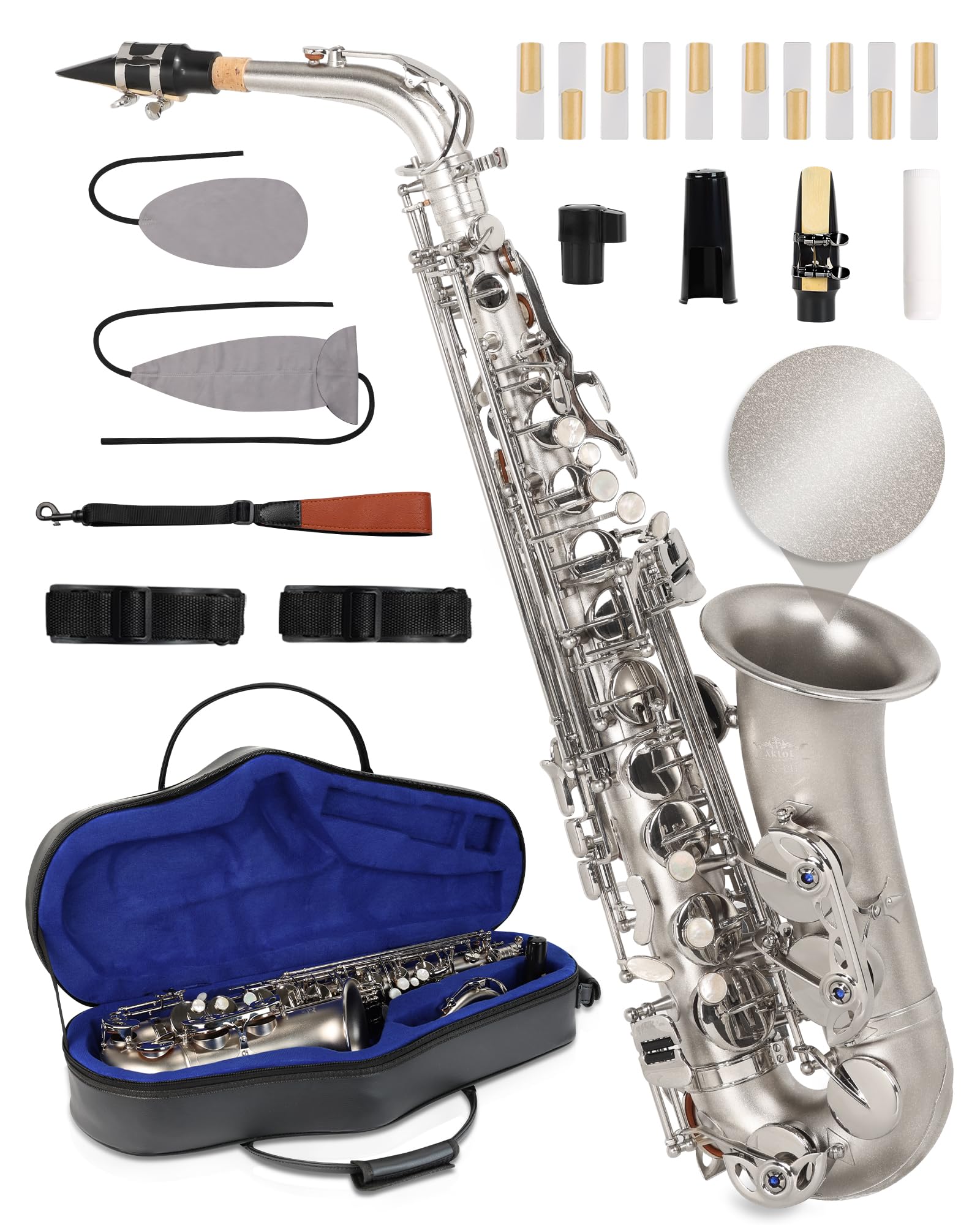 AKLOT Handcrafted E-Flat Alto Saxophone: Matte Silver Brass Body with Warm, Rich Tone, Secure Air Seal, Smooth 23-Key System, Includes Reeds, Premium Leather Case and Saxophone Cleaning Kit (CH-FM)