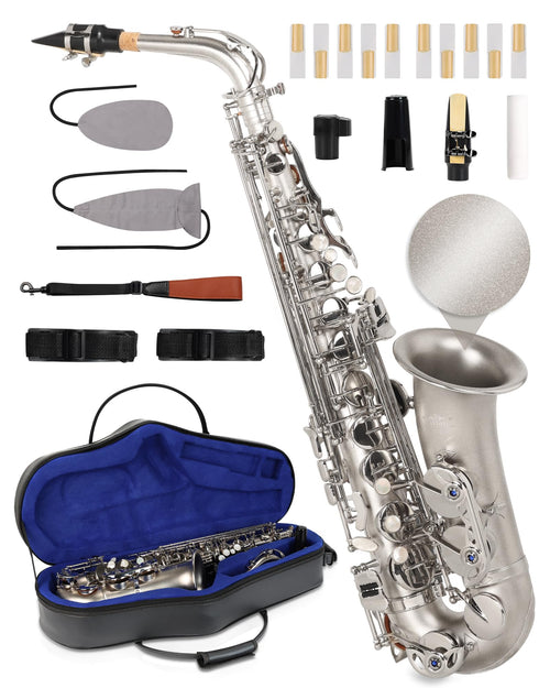 AKLOT Handcrafted E-Flat Alto Saxophone: Matte Silver Brass Body with Warm, Rich Tone, Secure Air Seal, Smooth 23-Key System, Includes Reeds, Premium Leather Case and Saxophone Cleaning Kit (CH-FM)