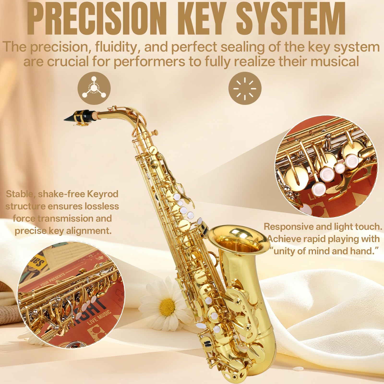 Kmise E Flat Alto Saxophone, Lightweight Saxophones for Students Beginner, Saxofon Full Kit with Portable Case, Sax Stand, Strap, Reeds, Beginner's Guides, Mute, Cleaning Kit (Gold Lacquer)