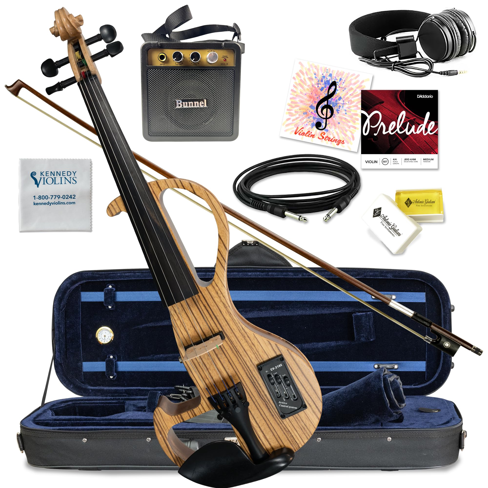 Electric Violin Bunnel Edge Outfit 4/4 Full Size (Light Zebrano) — With Carrying Case and Accessories - Mini Amp - Headphone Jack - Piezo Ceramic Pick-up - from Kennedy Violins