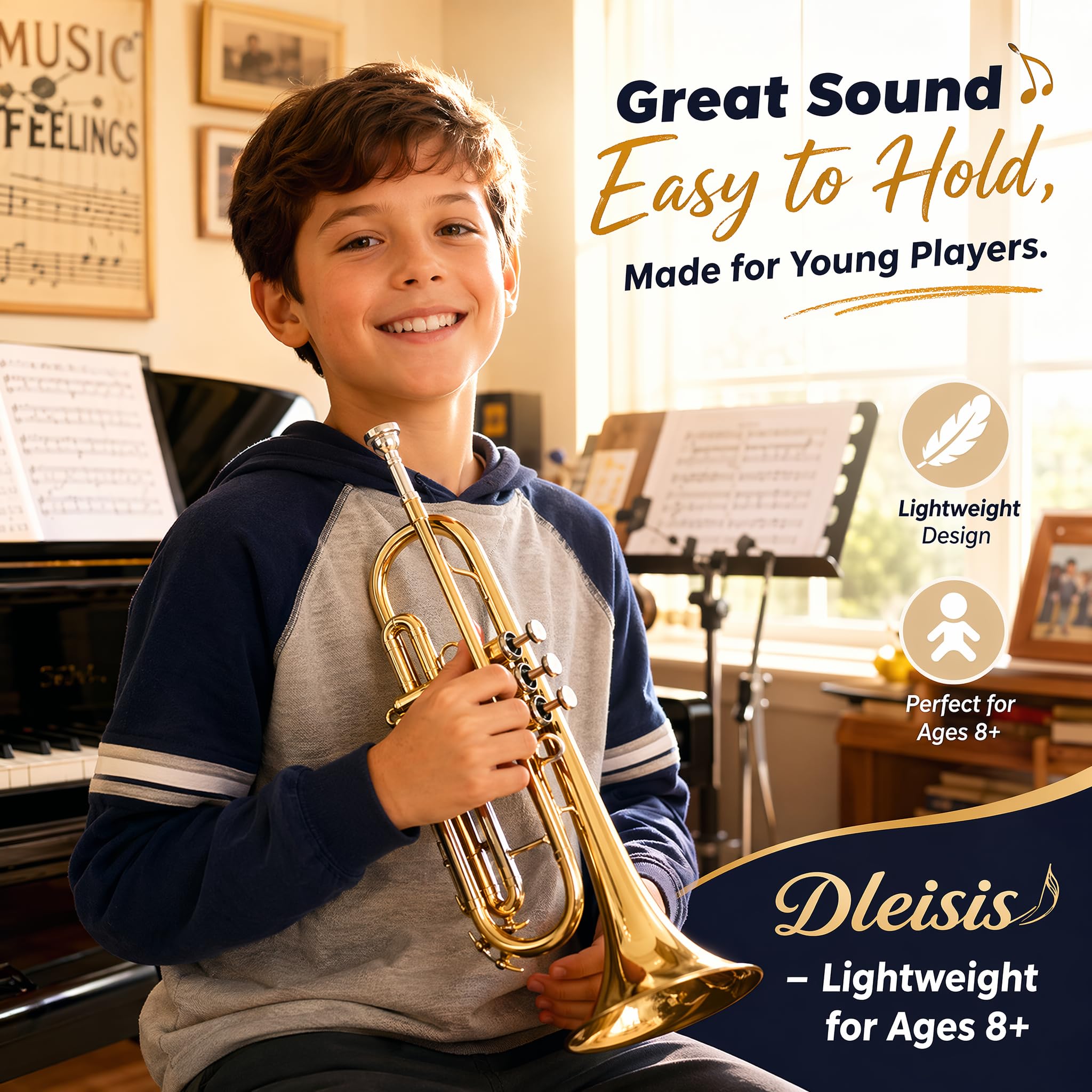 Bb Trumpet for Beginner/Advanced Student, Brass Instrument with 7C Mouthpiece, Hard Case, Polishing Cloth, Gloves, Cleaning Kit (2 Short + 1 Long Brush), Golden for Kids & Adults