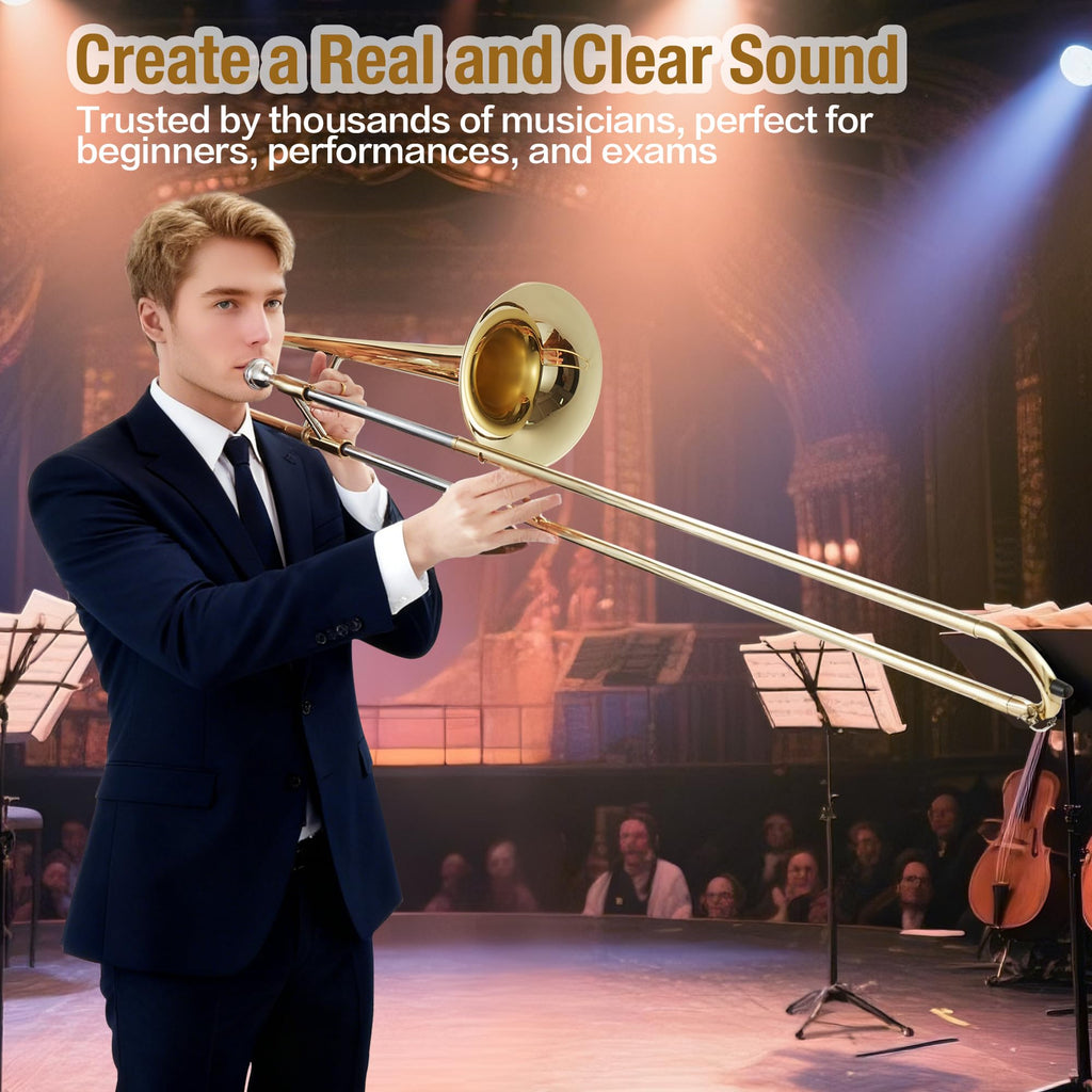 B Flat Alto Trombone, Brass Trombone for Beginners with Mouthpiece, Hard Case, Gold Lacquer Finish, Cleaning Kit (Rod/Cloth/Gloves), Professional Student Musical Instrument