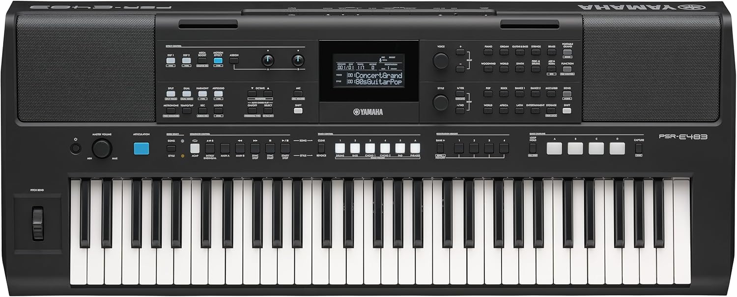 Yamaha PSR-E483, 61-Key Touch-Sensitive Portable Keyboard with Sound, Music Rest and Power Adapter