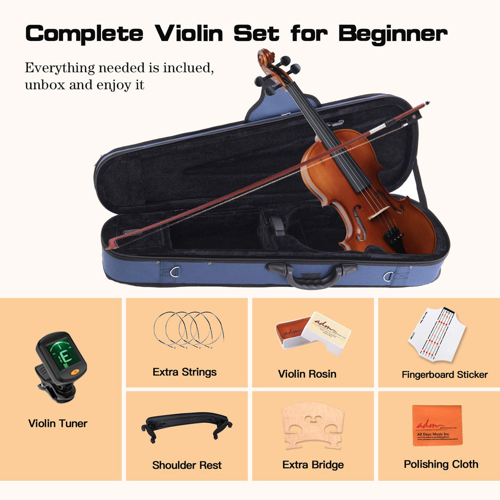 ADM 1/4 Size Wood Violin Set for Kids Teens Students Adults Beginner Acoustic Violin Matte Fiddle Starter Kit with Hard Case, Rosin, Shoulder Rest, Bow, Clip-on Tuner and Fingerboard Sticker