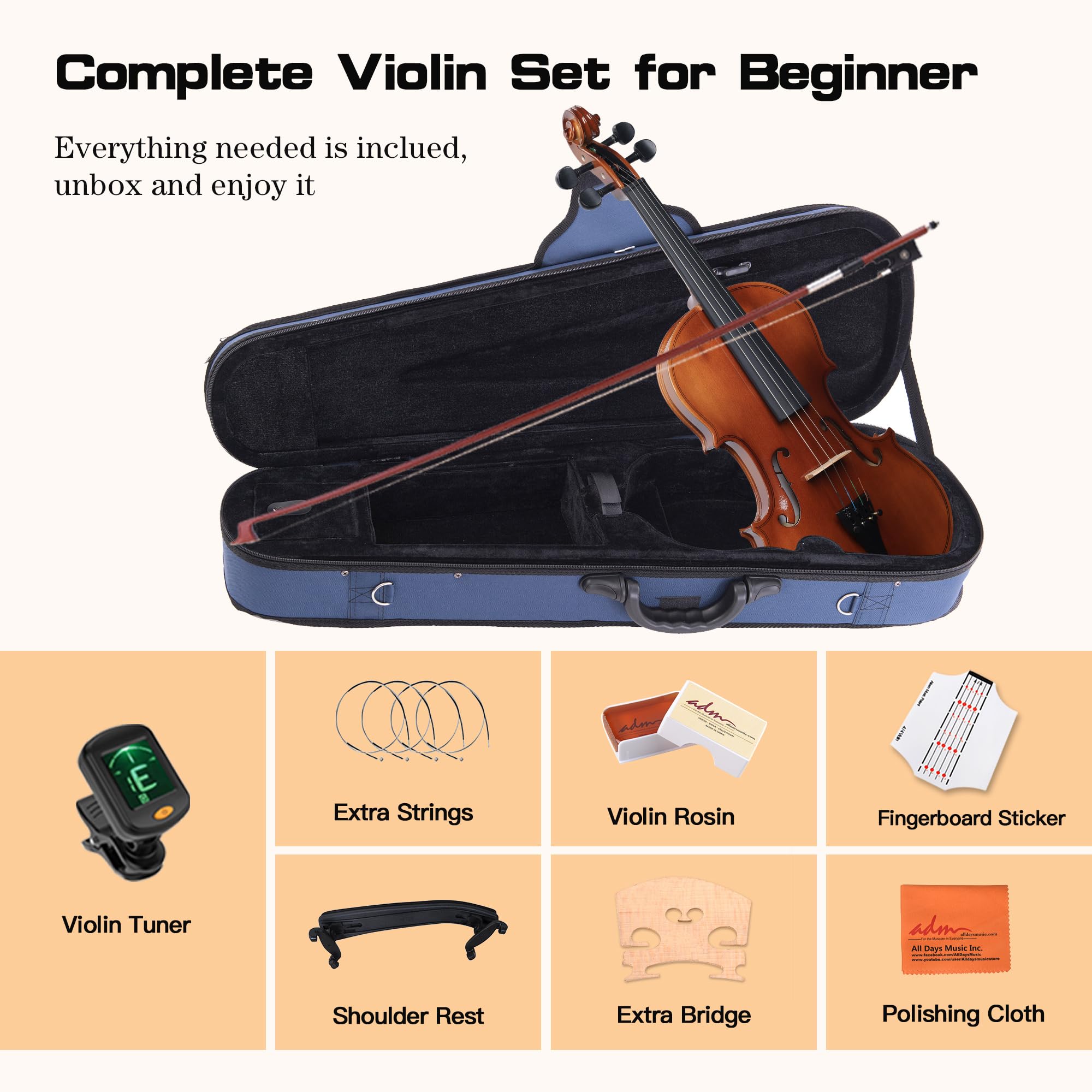 ADM 1/4 Size Wood Violin Set for Kids Teens Students Adults Beginner Acoustic Violin Matte Fiddle Starter Kit with Hard Case, Rosin, Shoulder Rest, Bow, Clip-on Tuner and Fingerboard Sticker