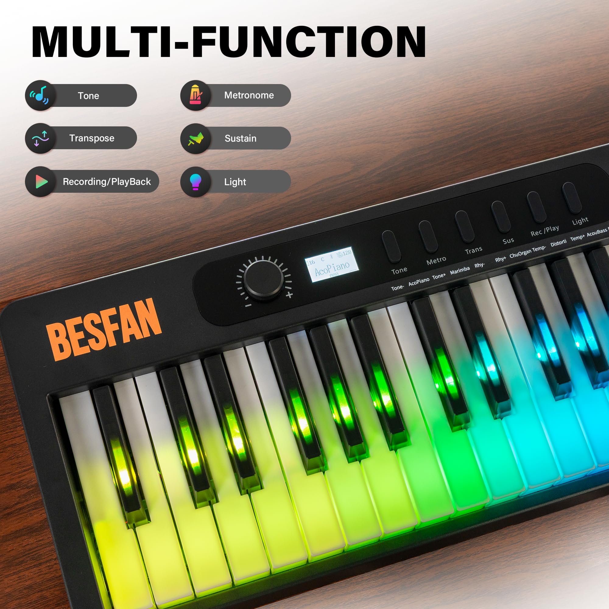 Foldable 88-Key Piano Keyboard with Colorful Lighted Keys, Semi-Weighted Full Size Keys, Portable Digital Piano with USB-MIDI, Built-in Speakers, Sustain Pedal, Battery for Beginners & Adults