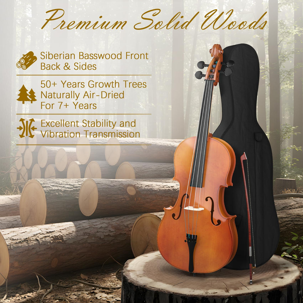 Full Size Cello Kit, Acoustic Cello Instrument for Adults,Beginners,Students,Complete Cello 4/4 Set with Portable Bag, Bow, Rosin (Black)