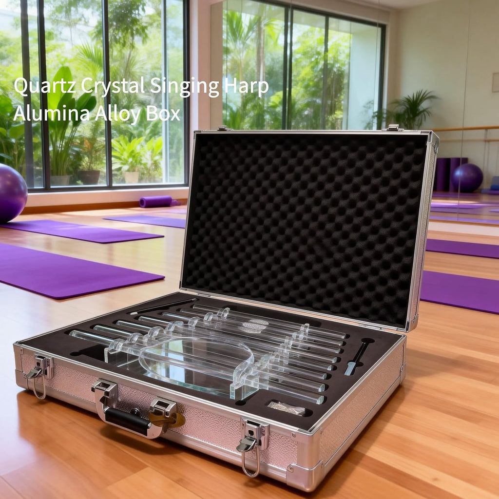 ENERGYSOUND 432Hz Quartz Crystal Singing Harp for Sound Therapy, Flower of Life Design, 8 Tubes with Aluminum Alloy Storage Box