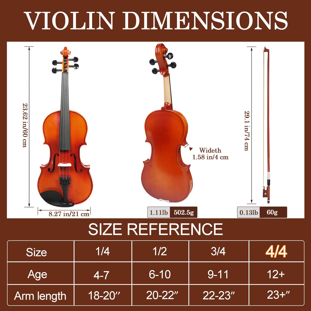 Violin 4/4 Full Size Kit for Beginners, Glossy Violin Fiddle Set for Adults, Students with Violin Case, Bow, Rosin, Fingerboard Sticker, Shoulder Rest, Extra Strings and Bridge(Plywood, Full)
