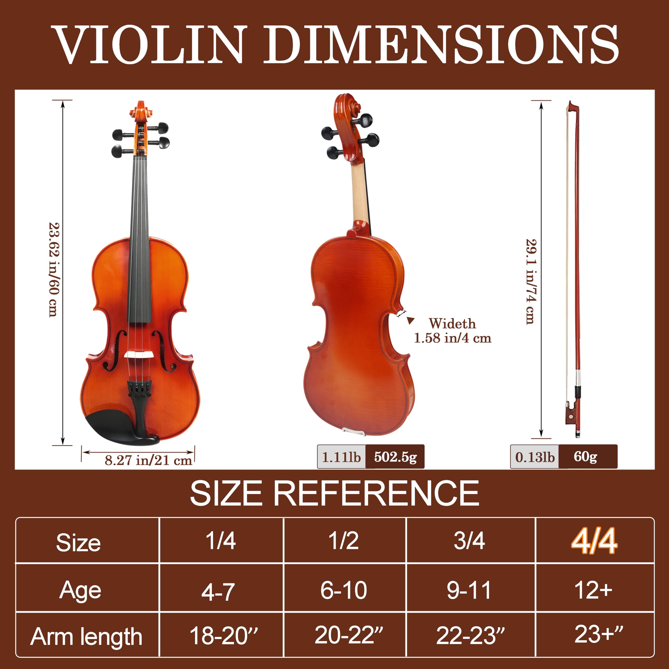 Violin 4/4 Full Size Kit for Beginners, Glossy Violin Fiddle Set for Adults, Students with Violin Case, Bow, Rosin, Fingerboard Sticker, Shoulder Rest, Extra Strings and Bridge(Plywood, Full)