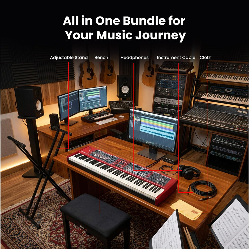 Nord Stage 4 88-Key Digital Piano Bundle with Adjustable Stand, Bench, Sustain Pedal, Headphones, Instrument Cable, and Austin Bazaar Polishing Cloth