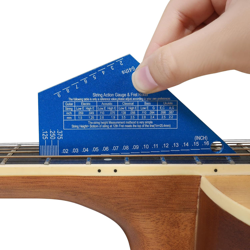 3mm Thickness Aluminum Guitar Fret Rocker, Precision Guitar String Action Gauge Ruler for String Height, 4-in-1 Mini Straightedge Luthier Tool, Locate High Frets Fast, Fret Leveling Guide