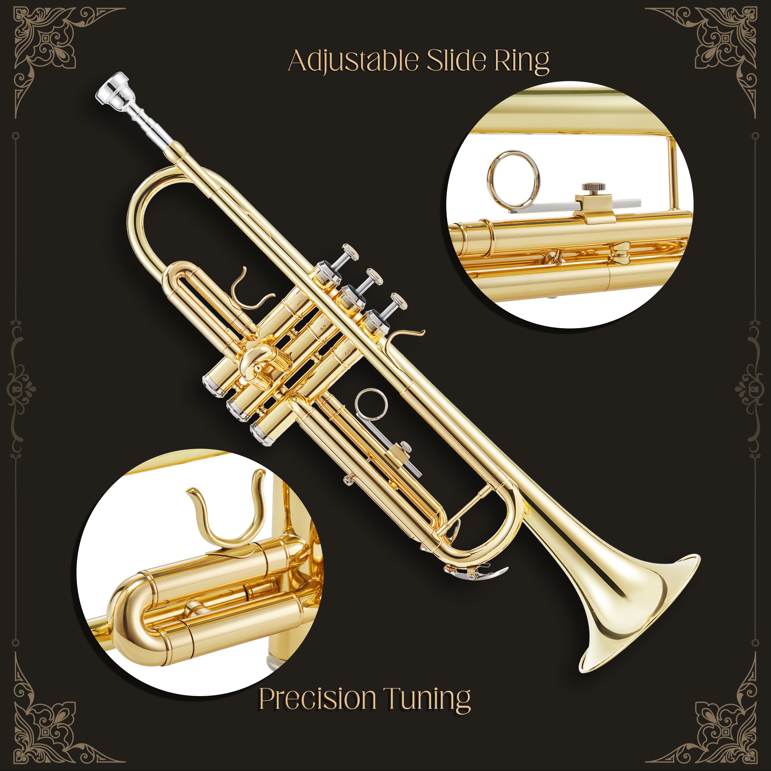 AKLOT Hand-Hammered Bell Bb Trumpet: Smooth Valve Action, Clear-Lacquered Brass Body, Standard Trumpet Beginner Set with Leather Case, Lesson Book, Trumpet Mute, Mouthpiece, Cleaning Kit (SNR-BrzSF)