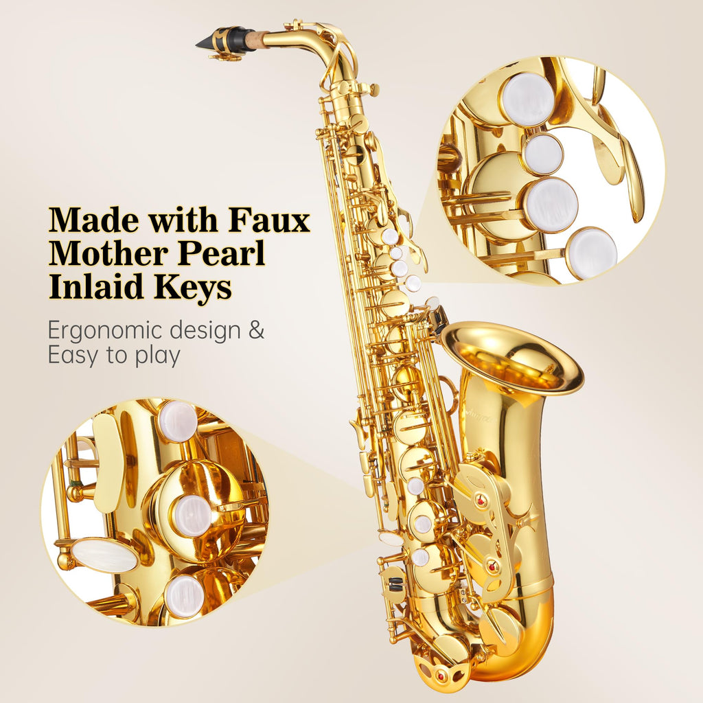 Senfot AS-100 Eb Alto Saxophone Gold Lacquer Alto Sax Full Kit With Cleaning Cloth, Gloves, Brush, Headjoint, Reed, Strap, Stand, Tube Case, Saxophone for Beginners and Professional, Gold